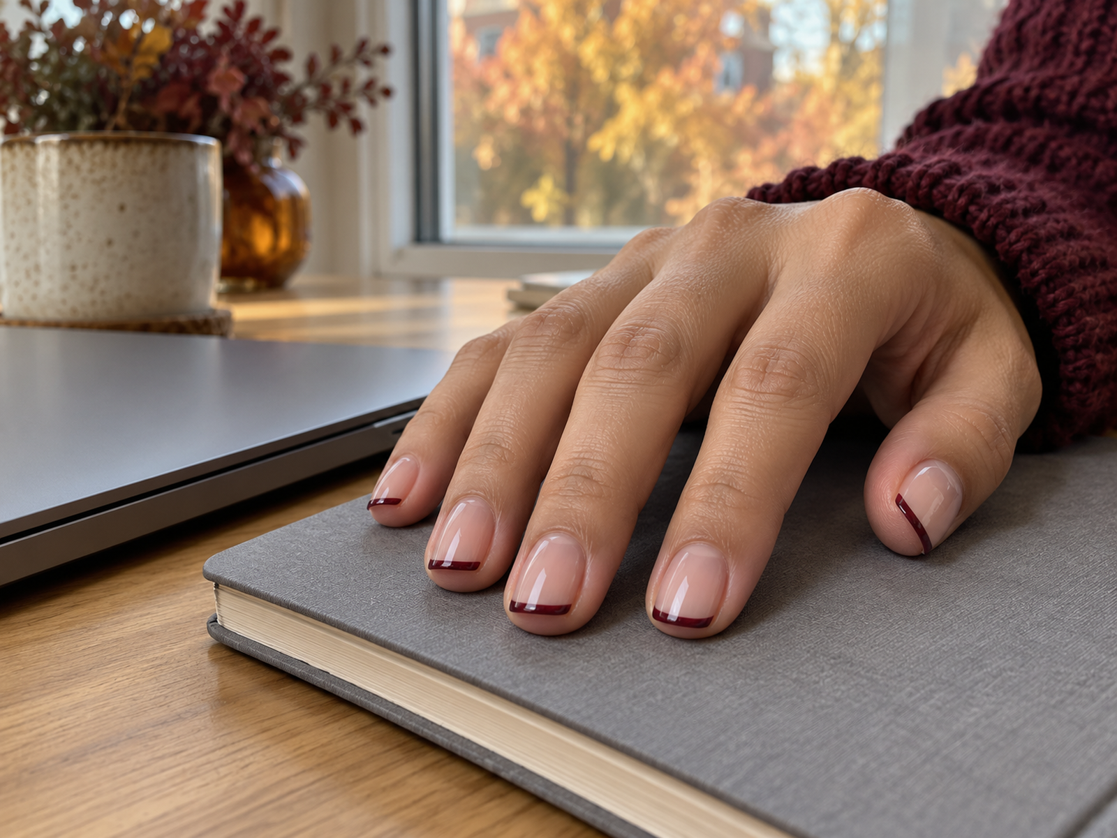 Short burgundy micro tips resting on a grey notebook beside a closed laptop