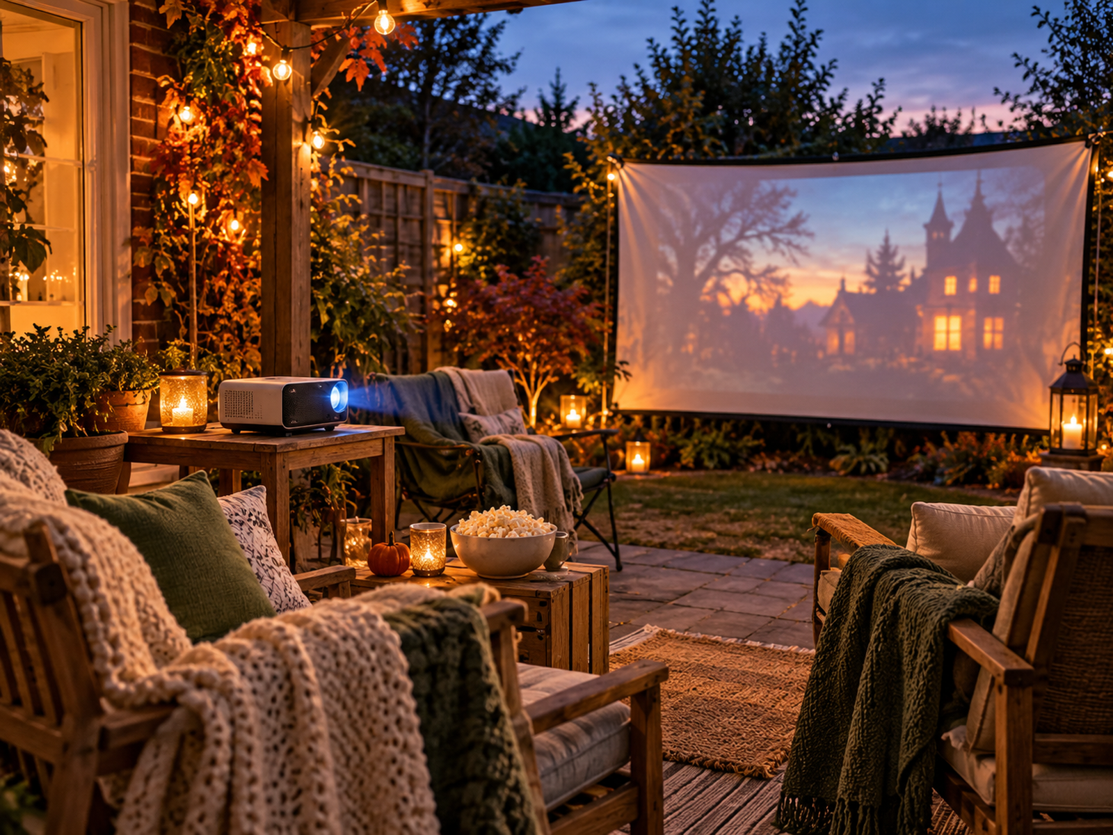 Stable compact generic projector on a dry sheltered table facing a simple screen in a small autumn garden, no branding