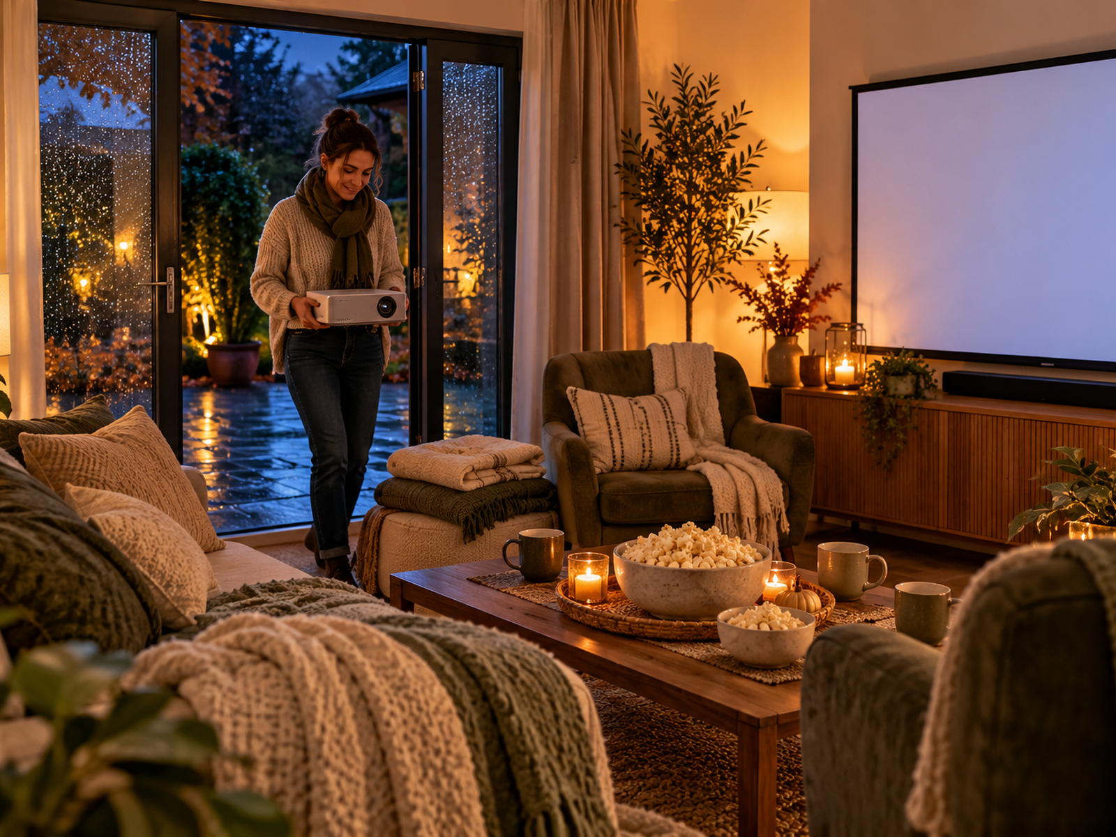 Warm indoor backup room ready for the same movie, with blankets, popcorn and a host bringing the projector in from a wet garden