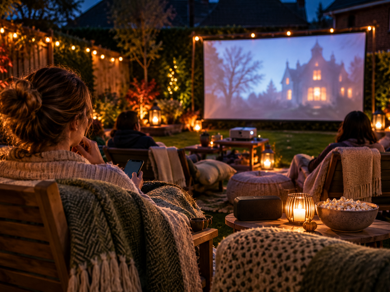 Back-row sound check at an outdoor movie night with a compact speaker close to seating, no branding