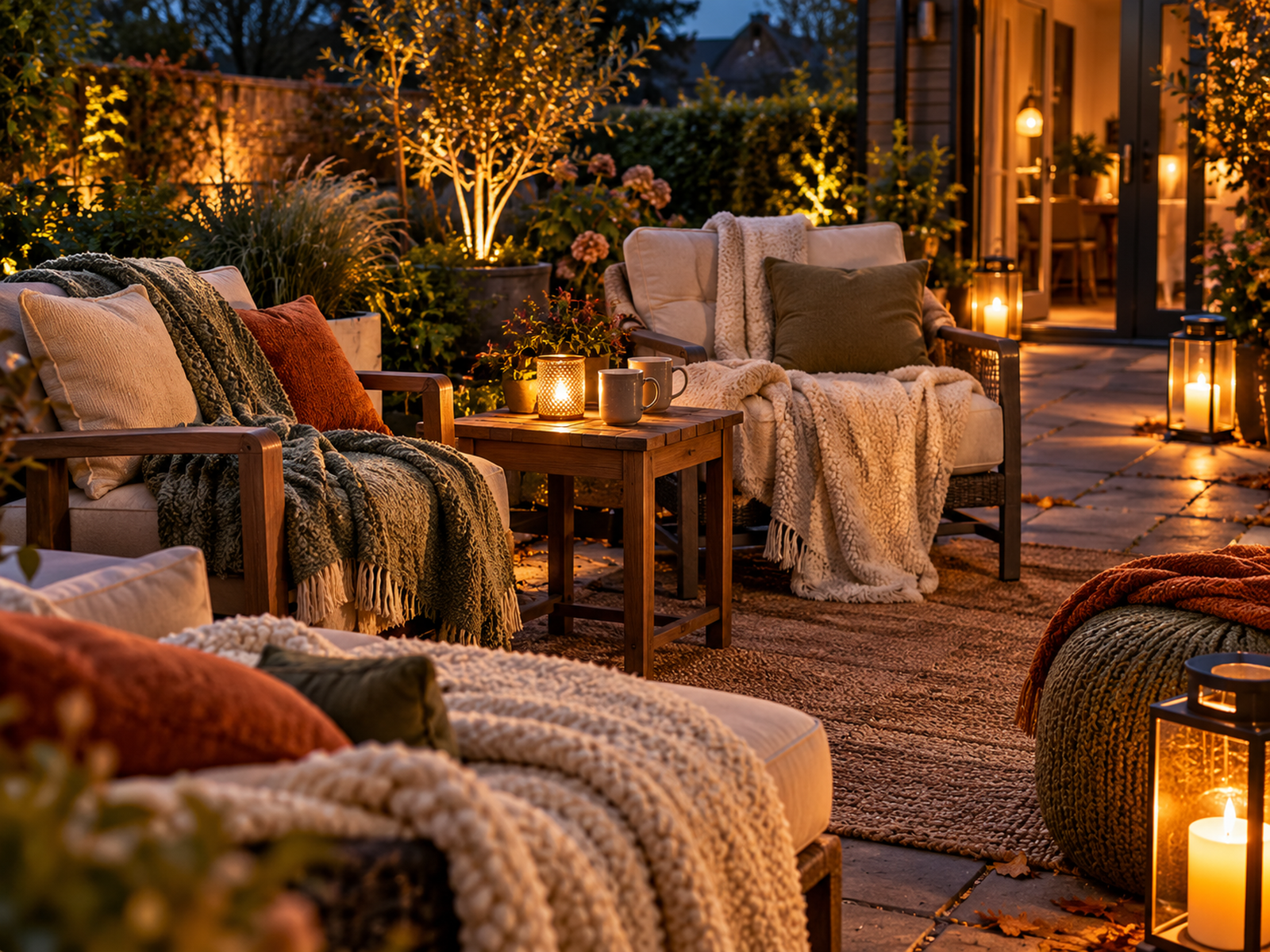 Layered outdoor seating with warm throws, stable drinks table and a clear lit route back to the house