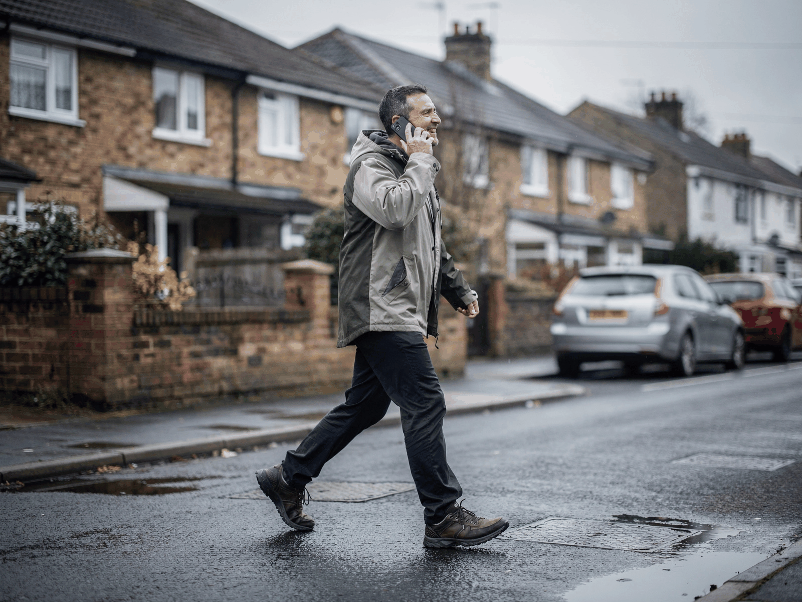 A person in a waterproof jacket walking briskly along a quiet residential street in flat grey morning light, mid-conversation on the phone.