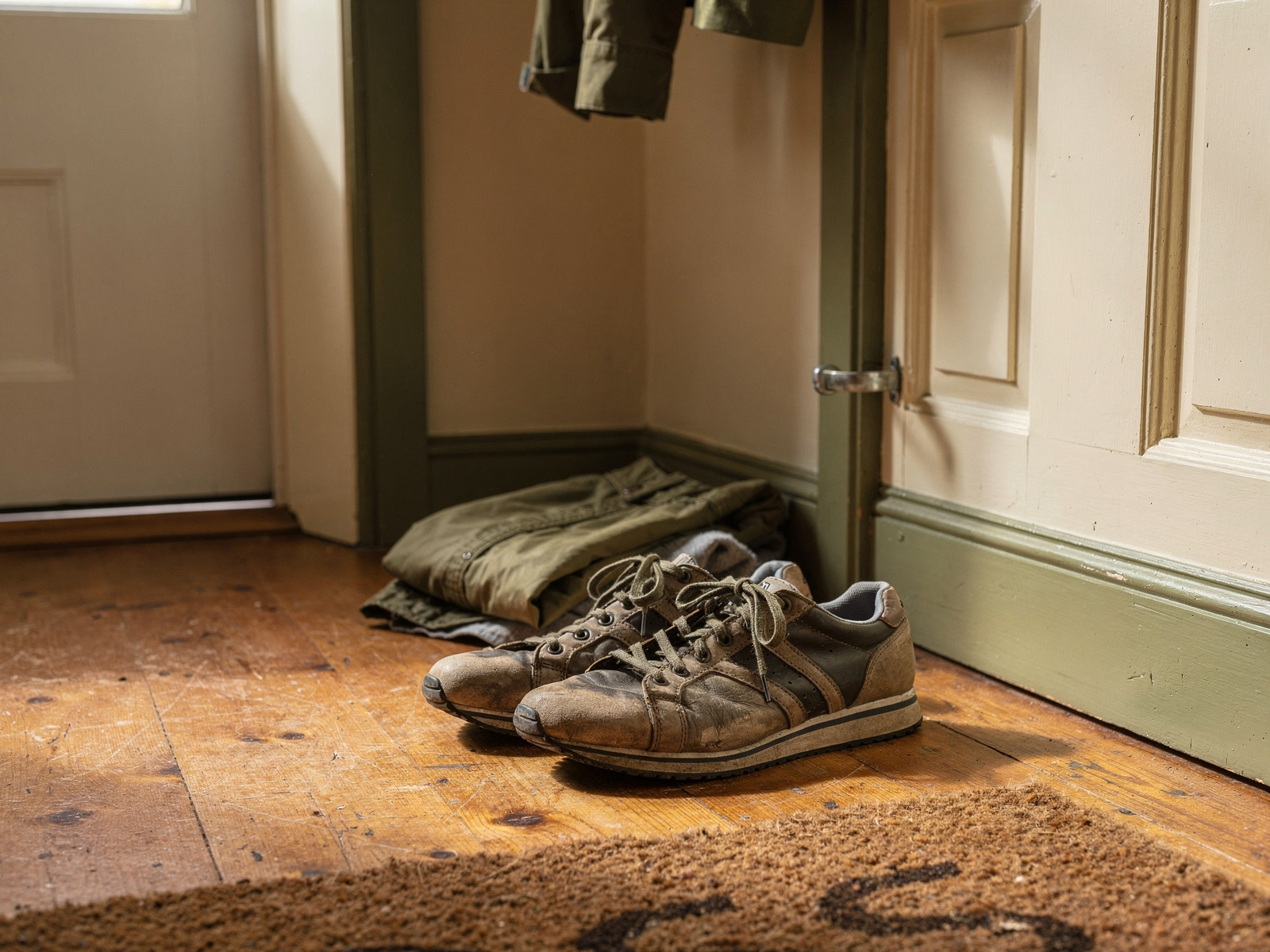 A pair of well-worn trainers and a folded jacket beside a front door on a hallway floor, lit by soft daylight from a side window.