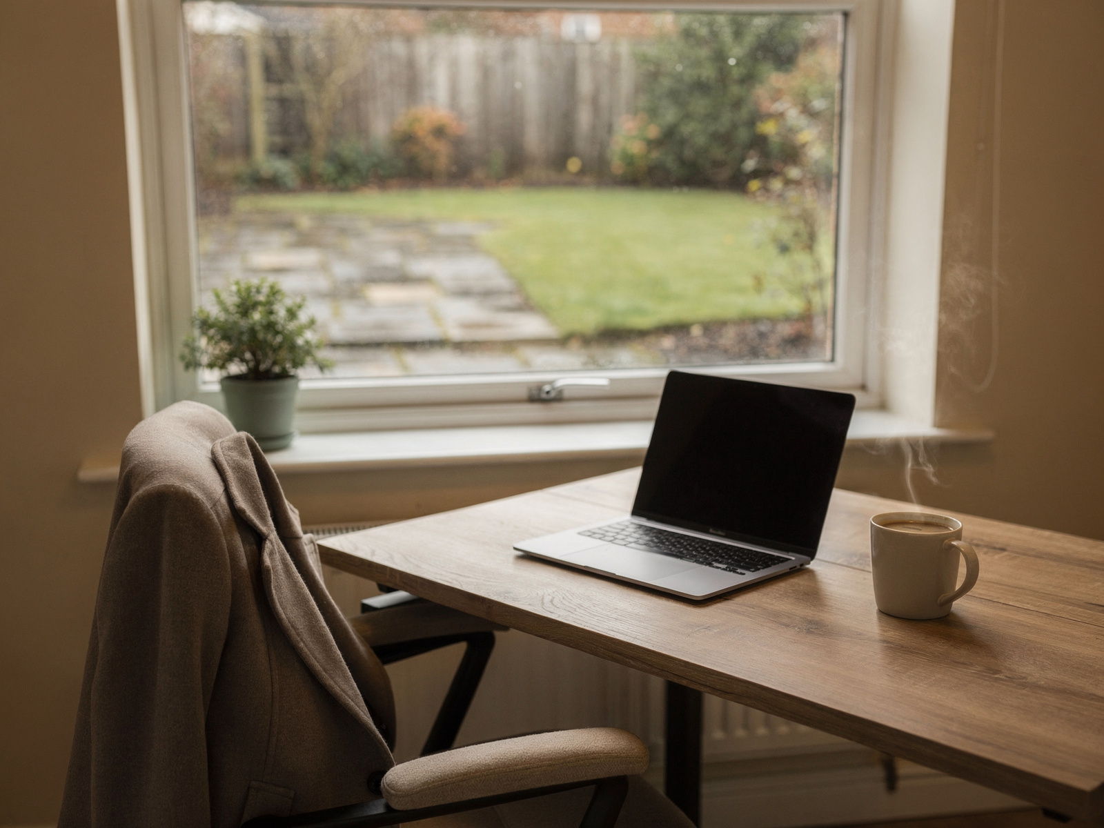 A desk with a mug of coffee and a laptop, with a coat hanging over the back of the chair and a window showing grey morning light.