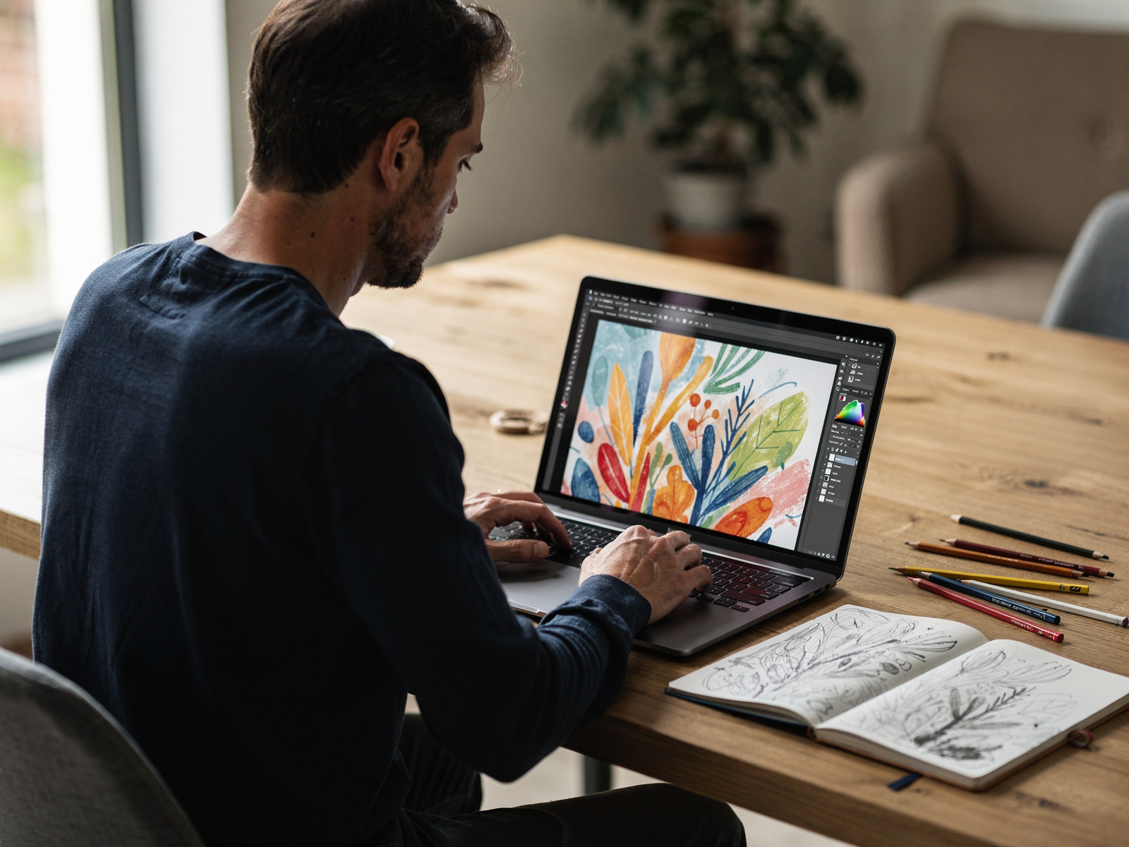 A freelance illustrator at a shared desk uploading artwork on a laptop beside a pencil sketchbook, daylight from a window.
