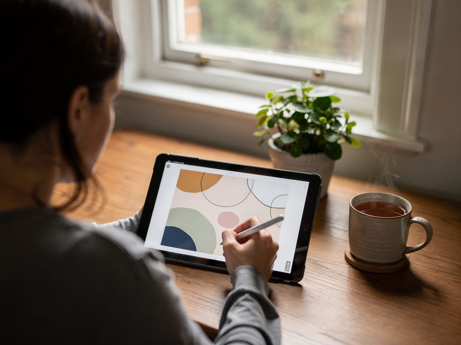 A person at a tidy home desk sketching a design on a tablet beside a mug of tea in soft morning light.