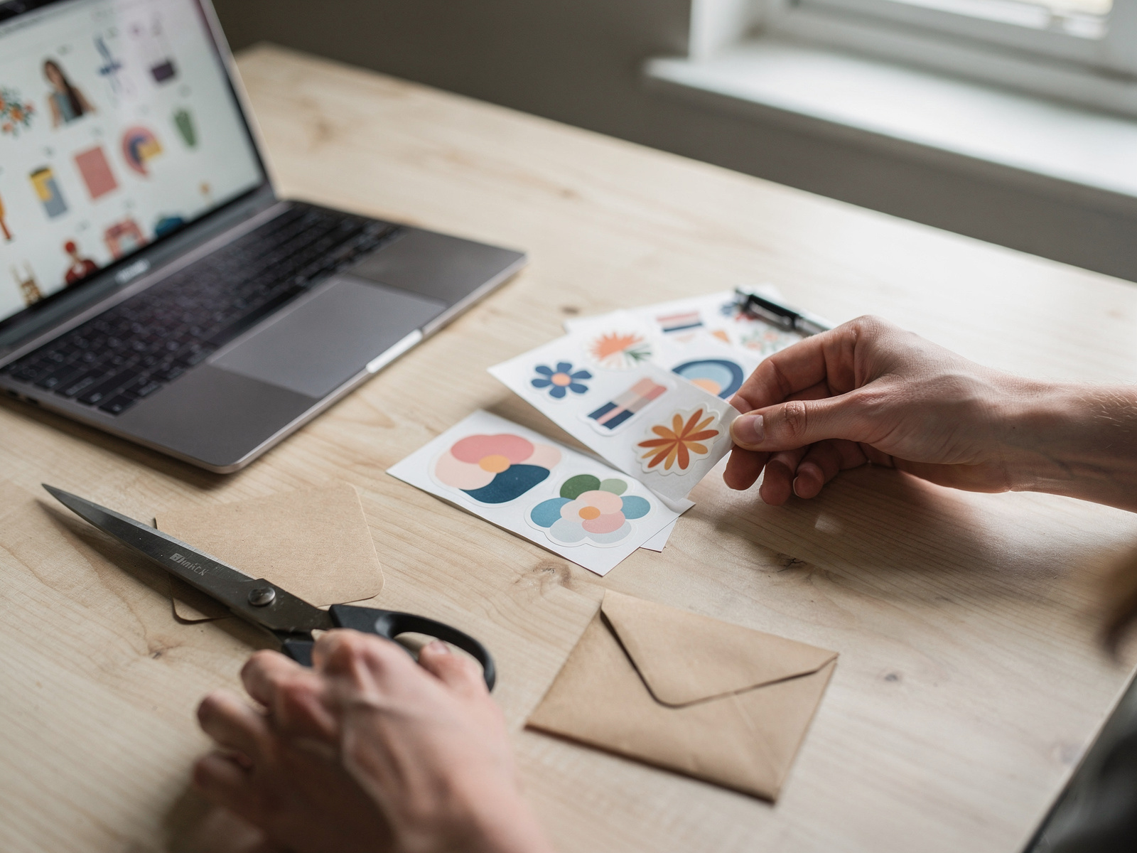 A freelance designer at a shared table in daylight, arranging a few printed sticker sheets beside a laptop.