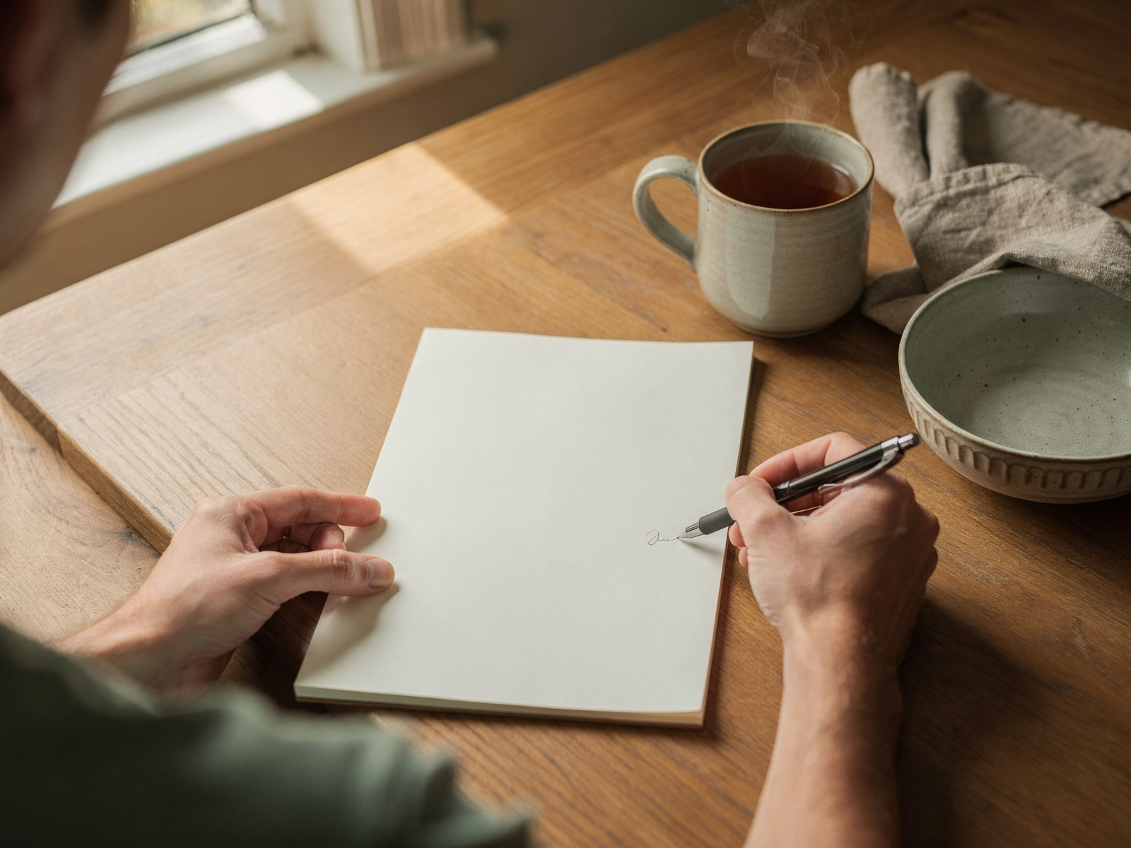 A person at a kitchen table with a pen and a plain notepad, jotting down costs beside a mug of tea in daylight.