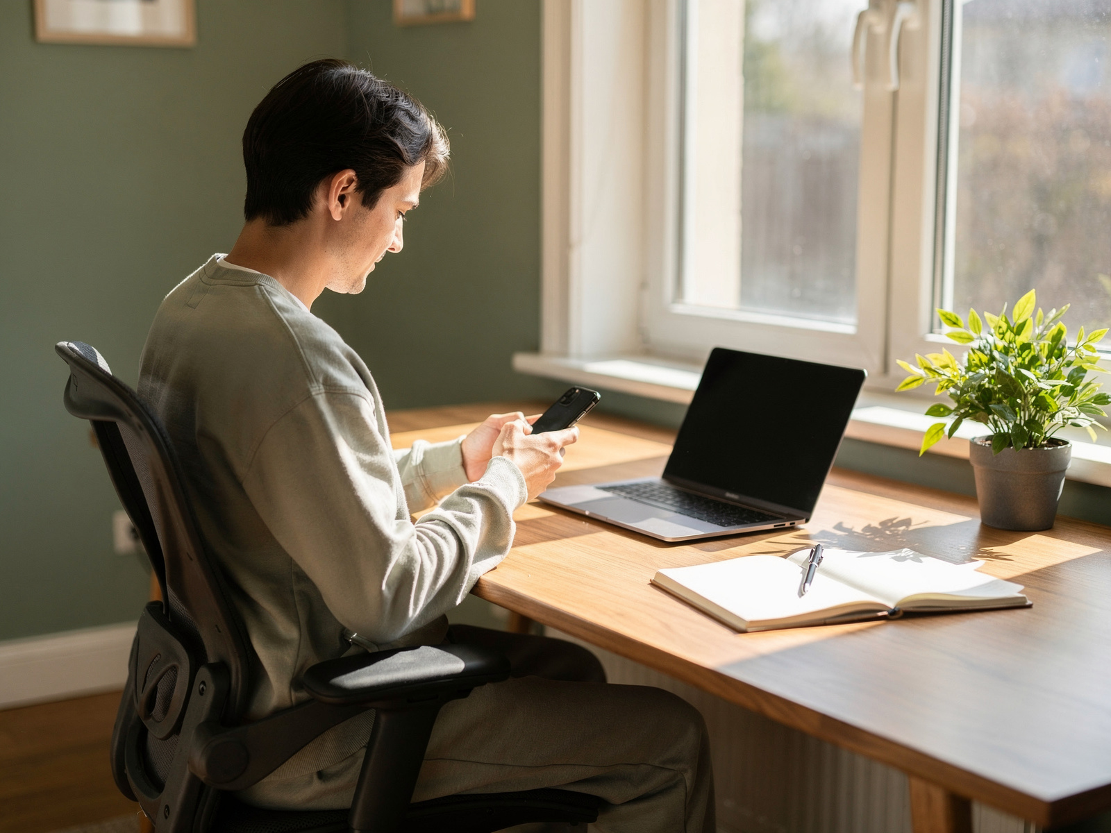 A home worker glancing at a phone on a tidy desk beside a window, with a laptop closed to one side in natural light.