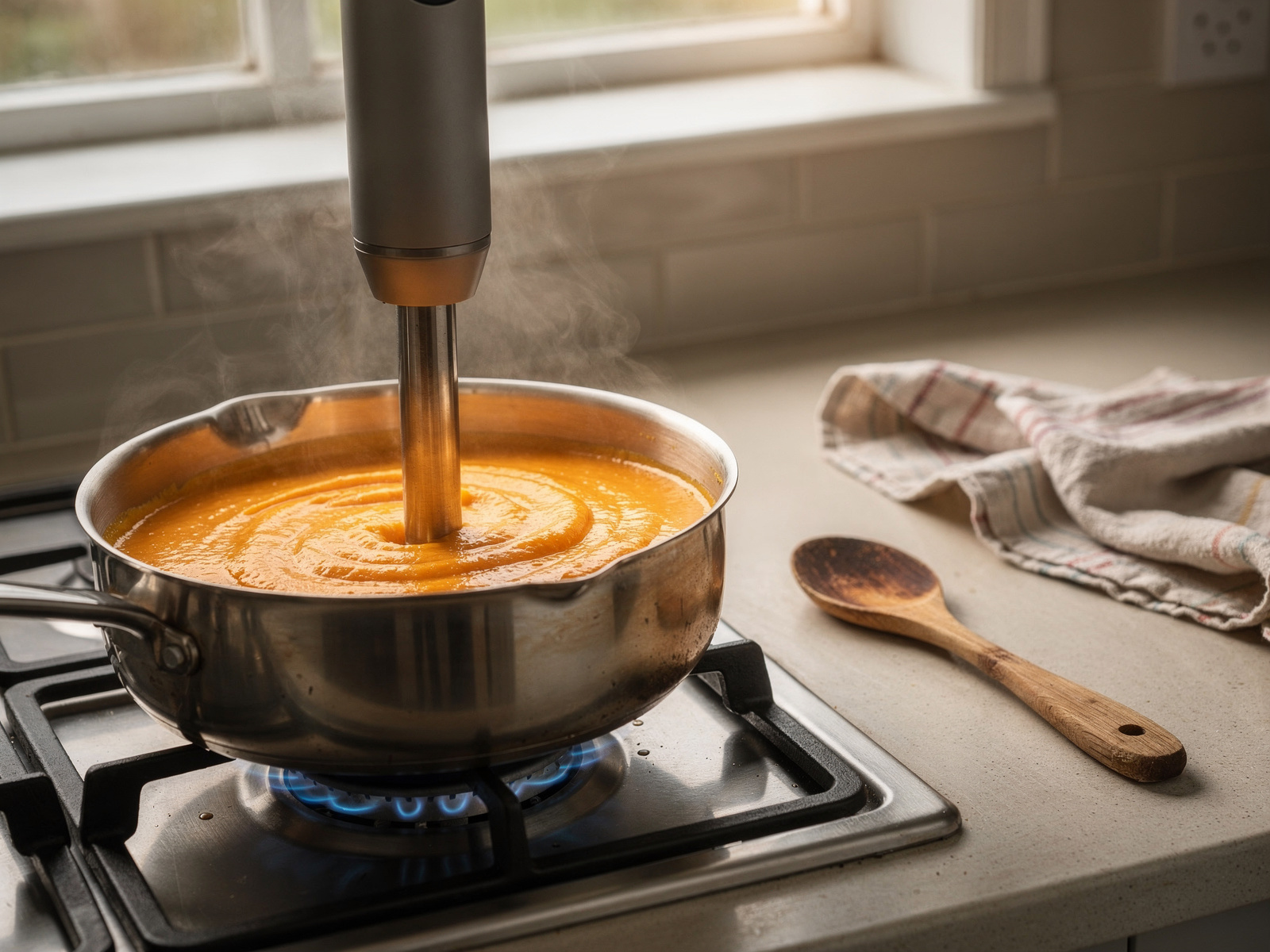 A hand blender being used in a deep saucepan of orange soup on a hob in a home kitchen, with a little steam in the morning light.
