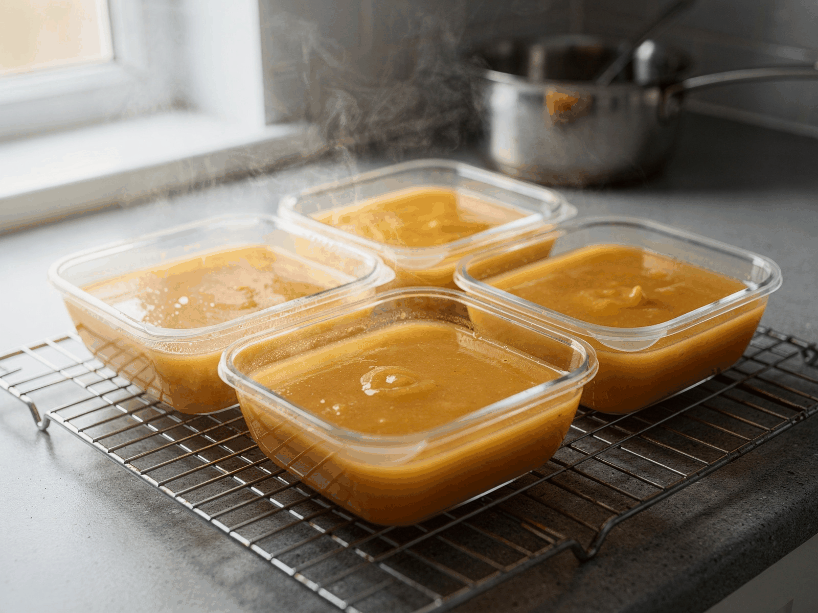 Several shallow containers of soup cooling on a wire rack on a kitchen counter, with a saucepan behind them.