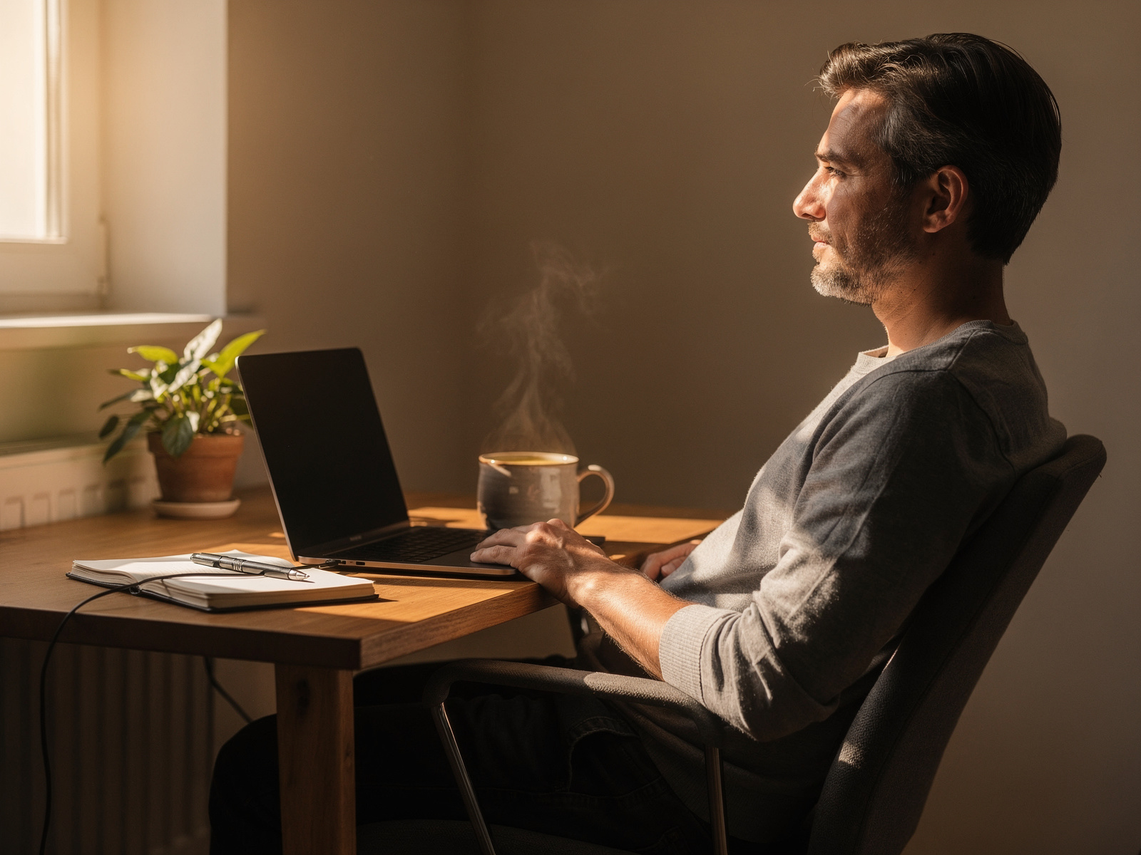 A home worker at a desk between video calls with a mug of soup beside a laptop, in warm afternoon light.