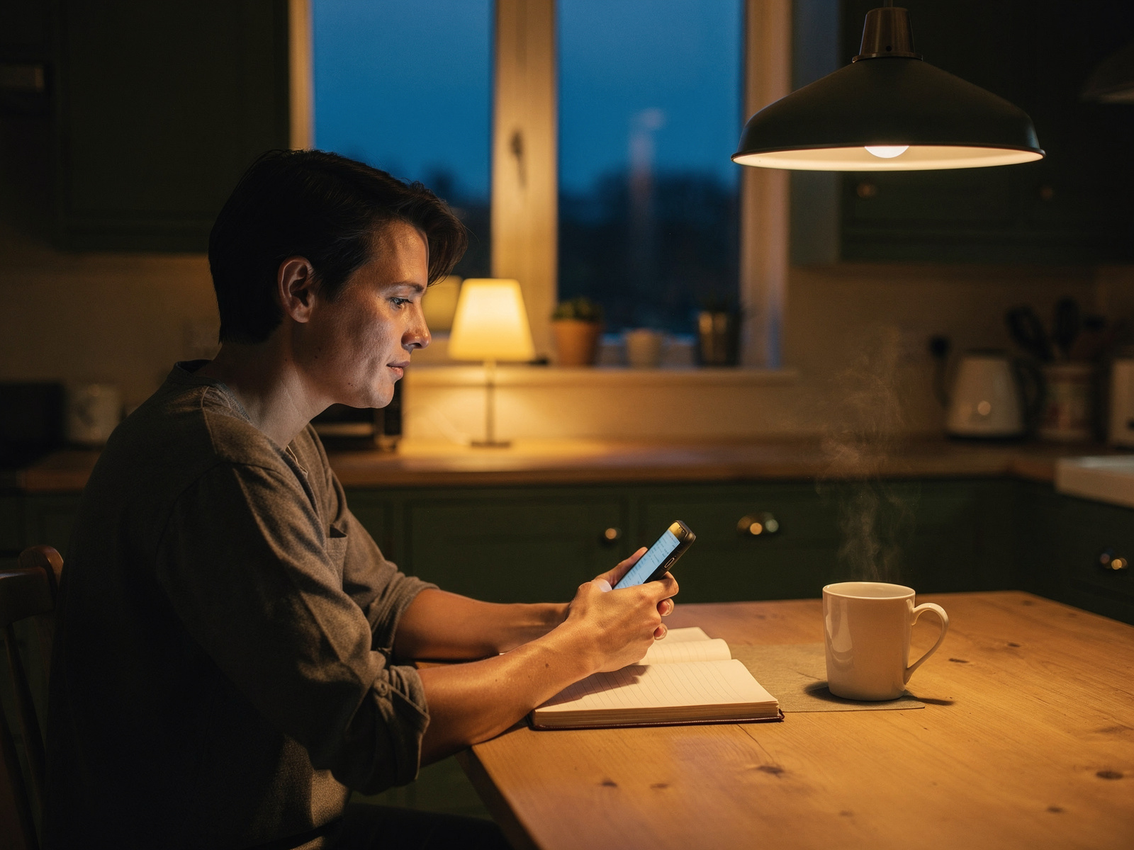 A person at a kitchen table holding a phone in one hand and reading carefully, a notebook and mug beside them in evening light.