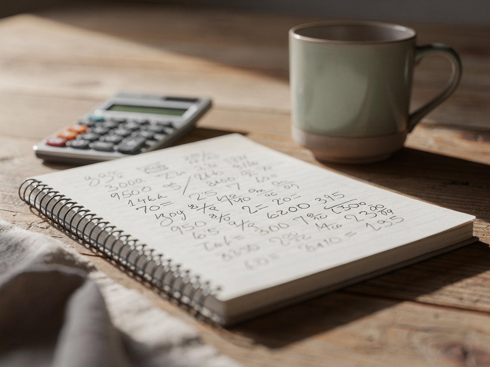 A notebook with handwritten sums beside a calculator and a mug on a kitchen table, in calm afternoon light.