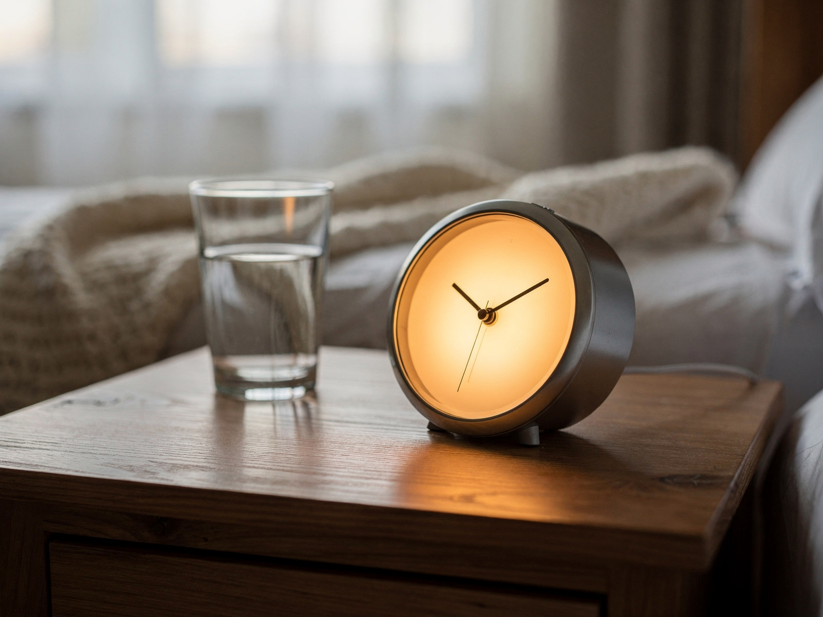 A compact bedside alarm clock glowing softly beside a glass of water on a wooden nightstand, early morning light through the curtains.