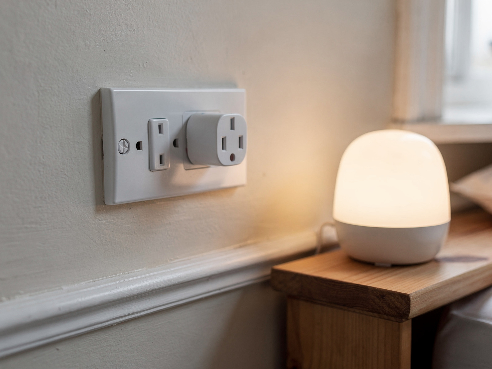 A UK three-pin wall socket with a travel plug adapter fitted and a small bedside light device sitting on a shelf nearby, daylight from a window.