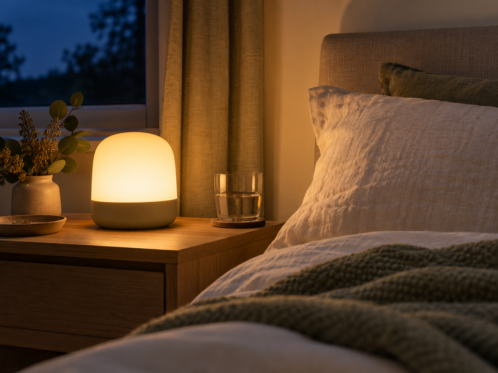 Gradual warm light beside a bed before daylight