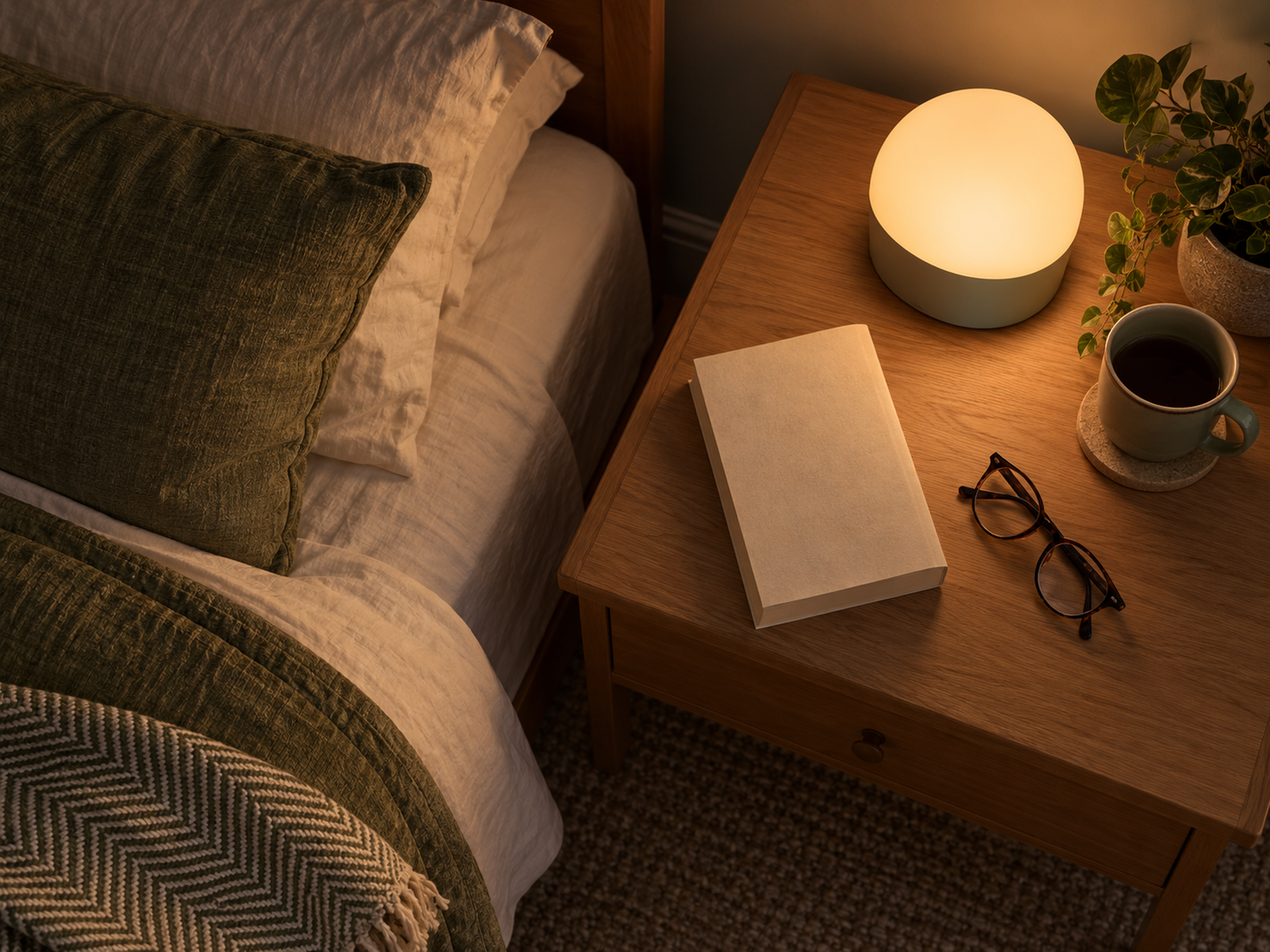 A paperback beside dim evening bedroom lighting