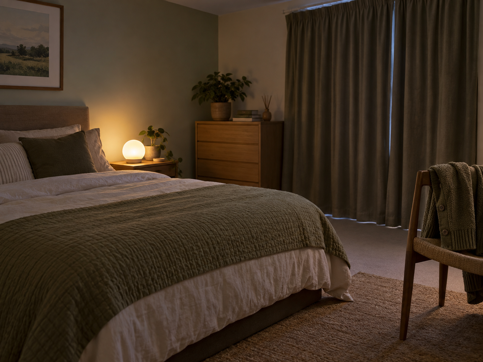 A modest bedroom with curtains closed before an early start