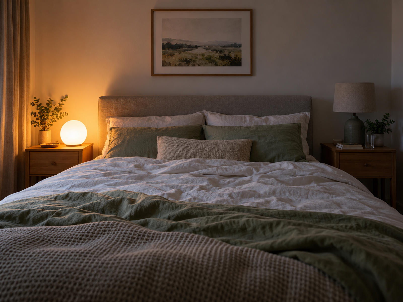 Two bedside tables in a shared bedroom with different lighting needs