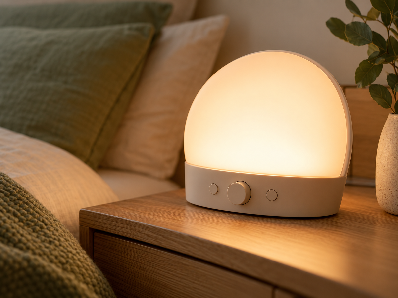 Close view of simple bedside lamp controls without readable labels