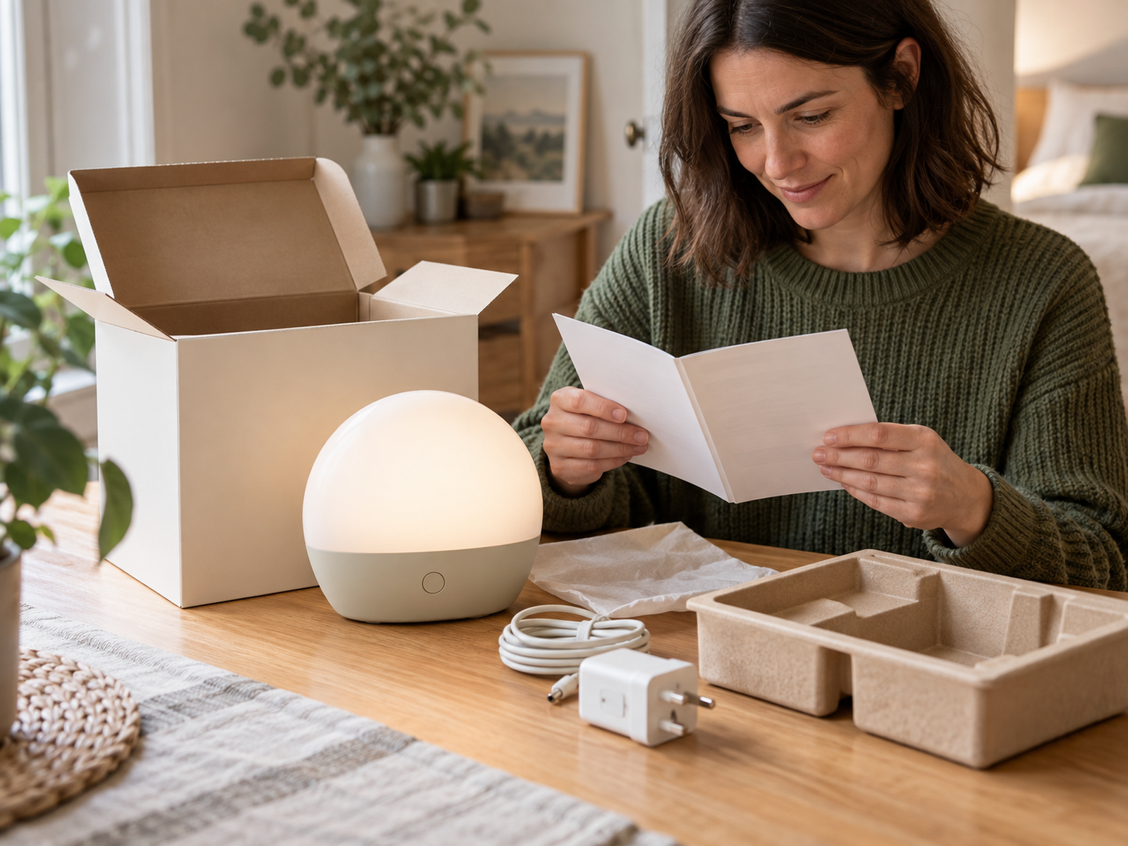 Lamp packaging and instructions being checked on a clear table