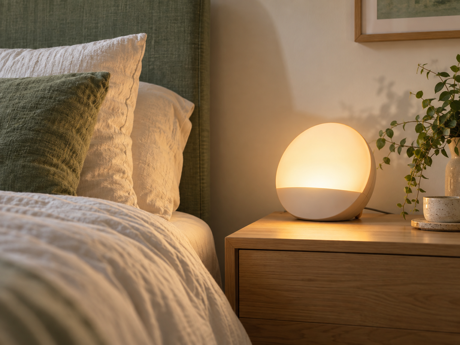 Bedside lamp on a stable uncluttered table with a safely routed cable
