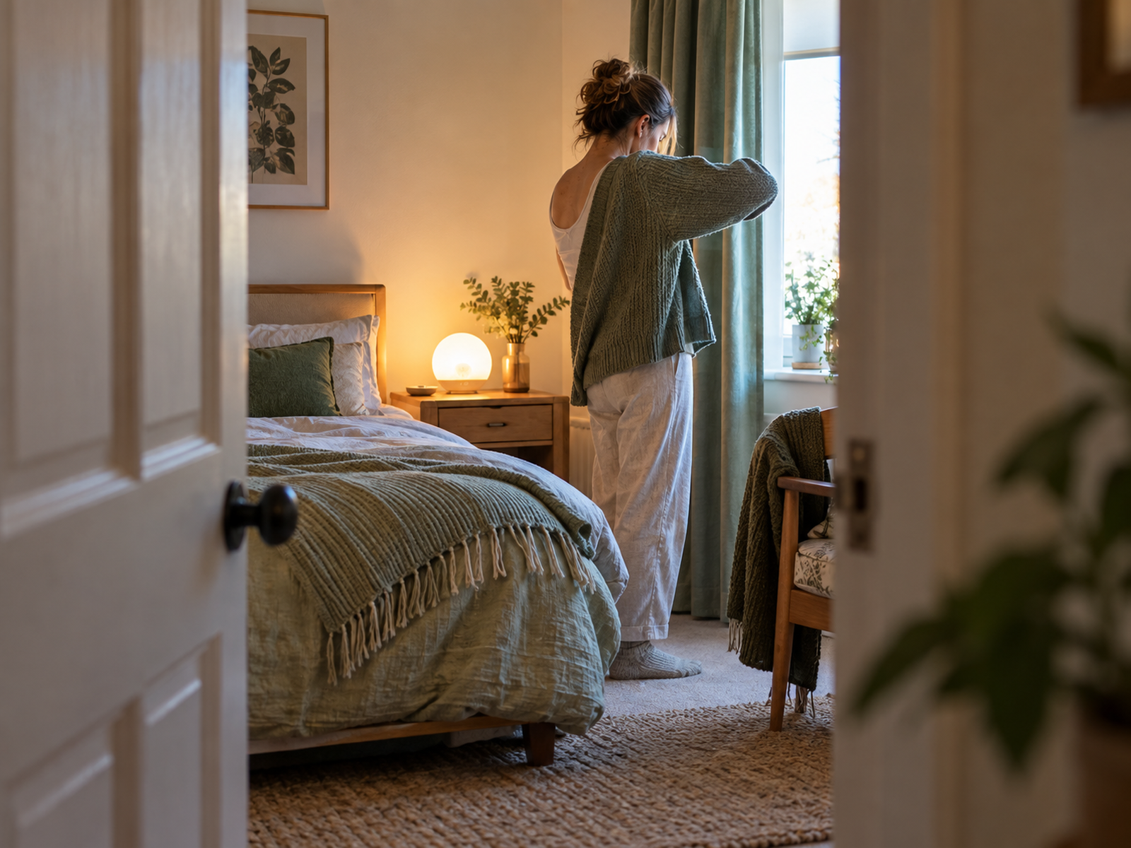 A simple morning routine beside an open bedroom doorway