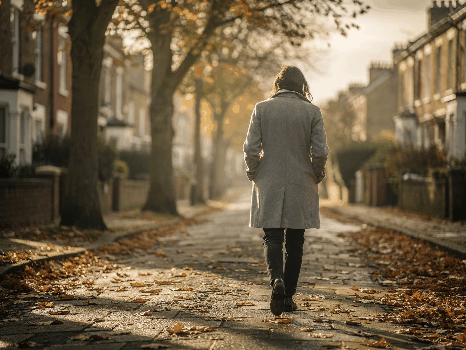A person in a light coat walking along a tree-lined residential street in soft afternoon autumn light, hands in pockets.
