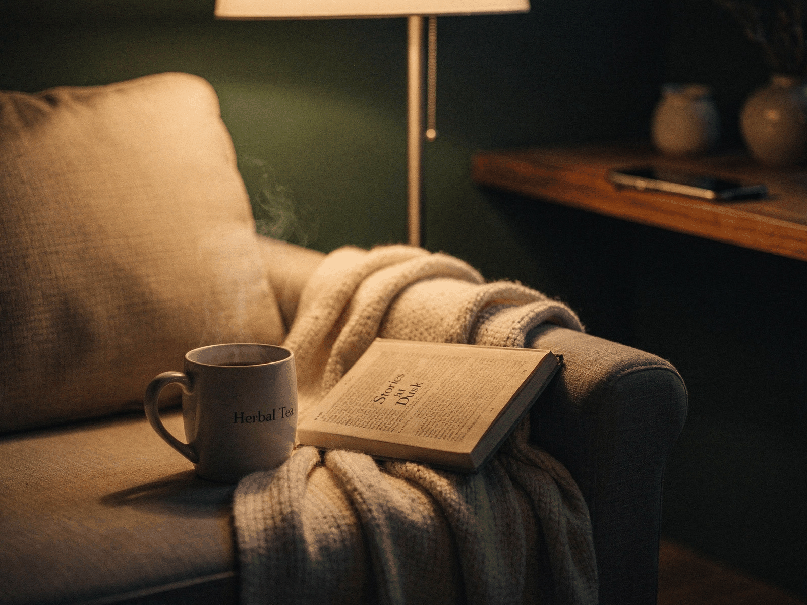 A sofa corner in low lamplight with a paper book and a mug on the arm, and a phone lying face down on a shelf across the room.