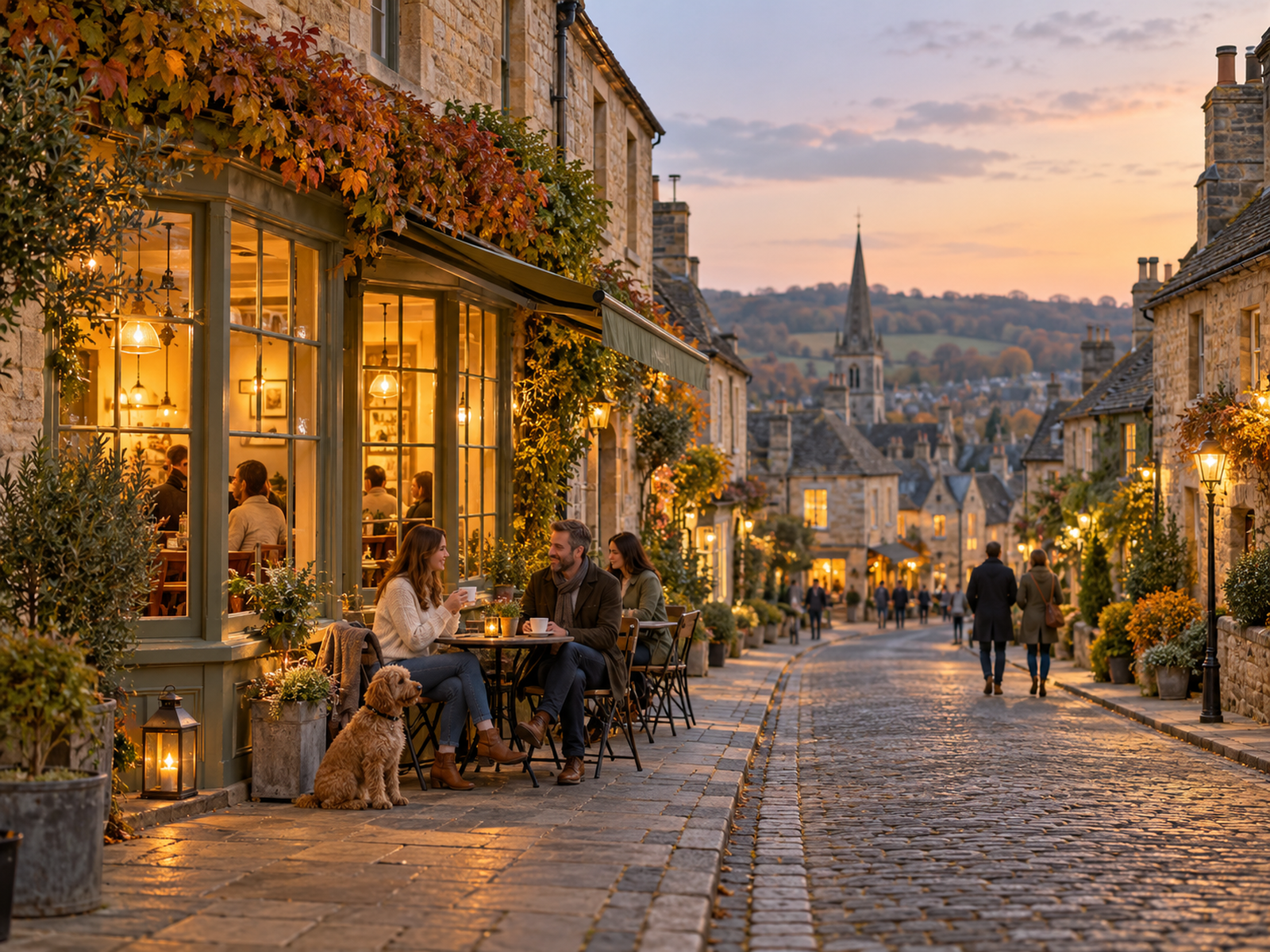 Illustrative historic stone street at dusk with autumn planting and warm café lights