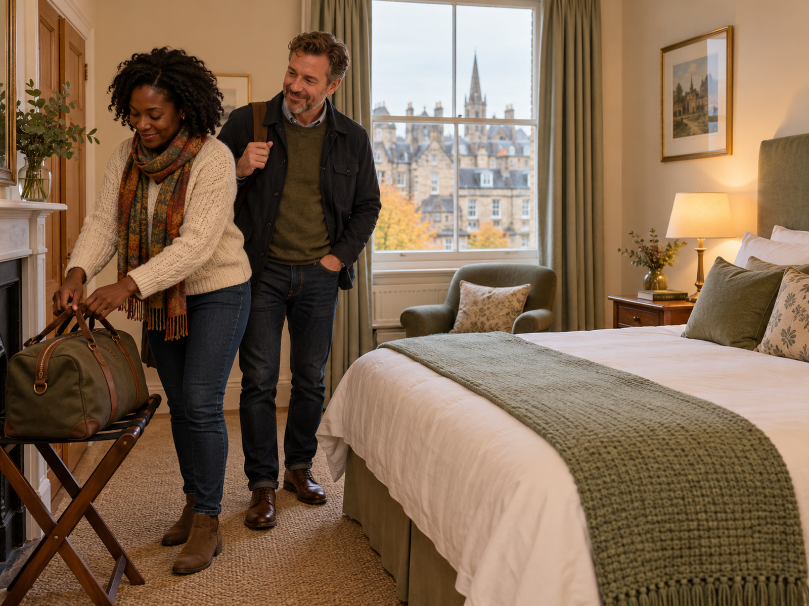 Couple setting down a weekend bag in a cream and sage guesthouse room