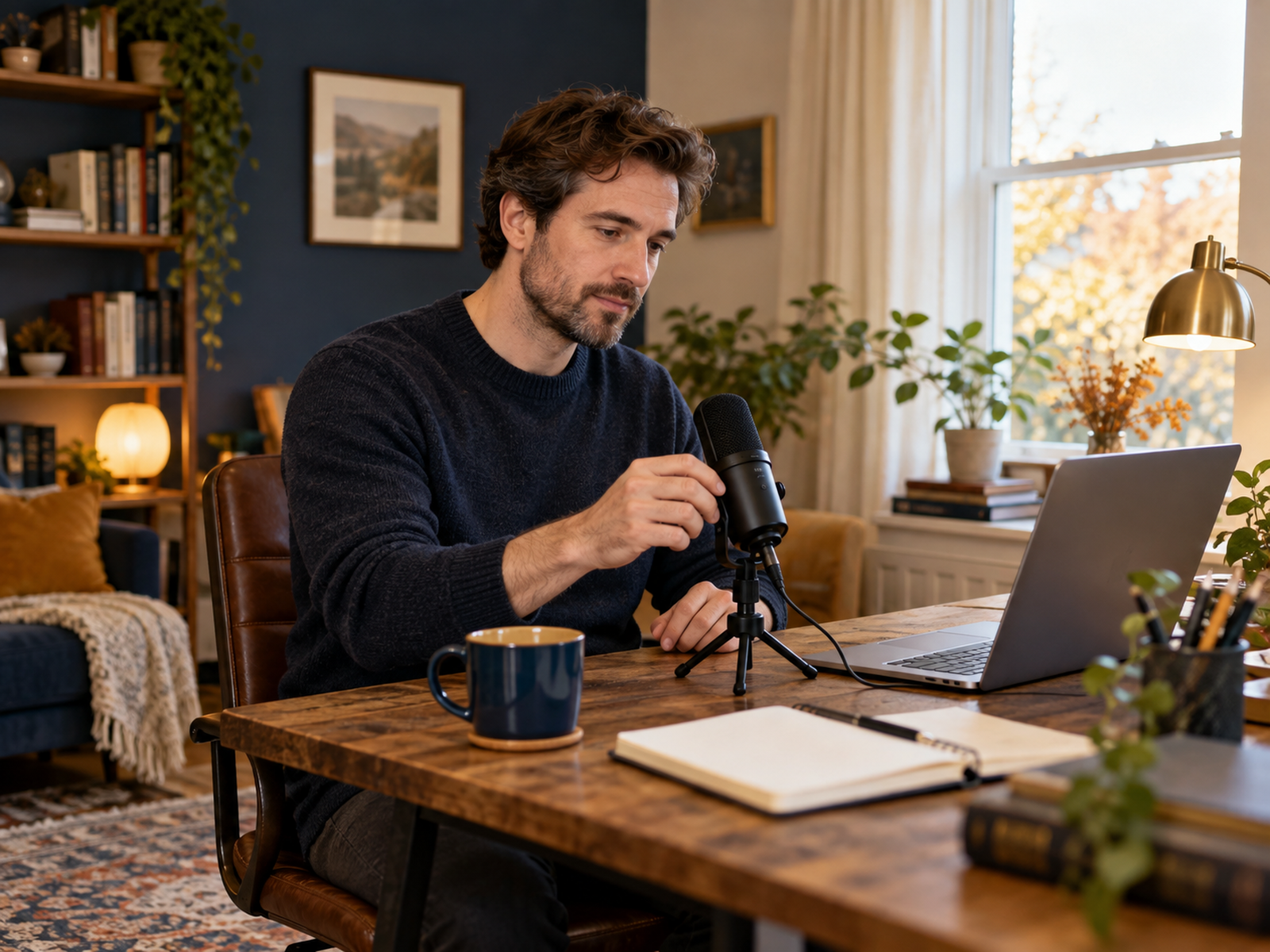 Host checking a desktop microphone in an autumn home workspace