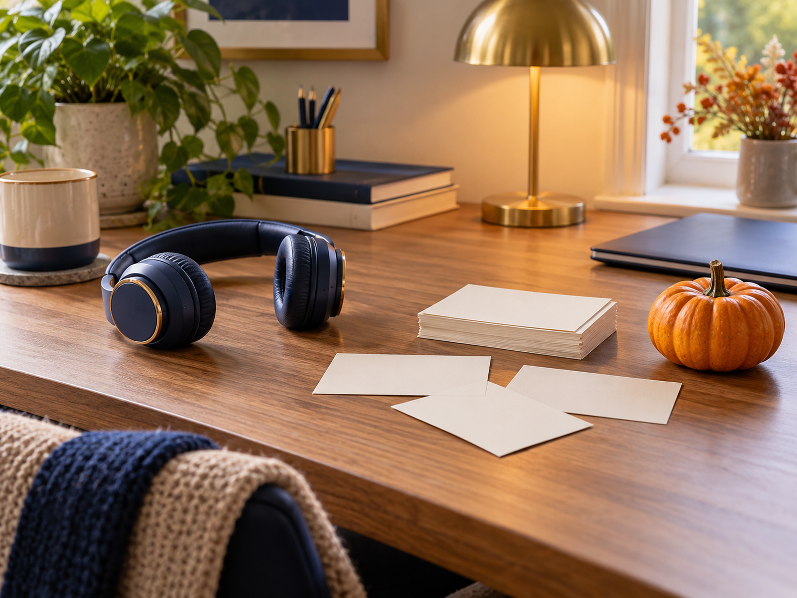 Blank question cards, headphones and a small pumpkin ready for a virtual party