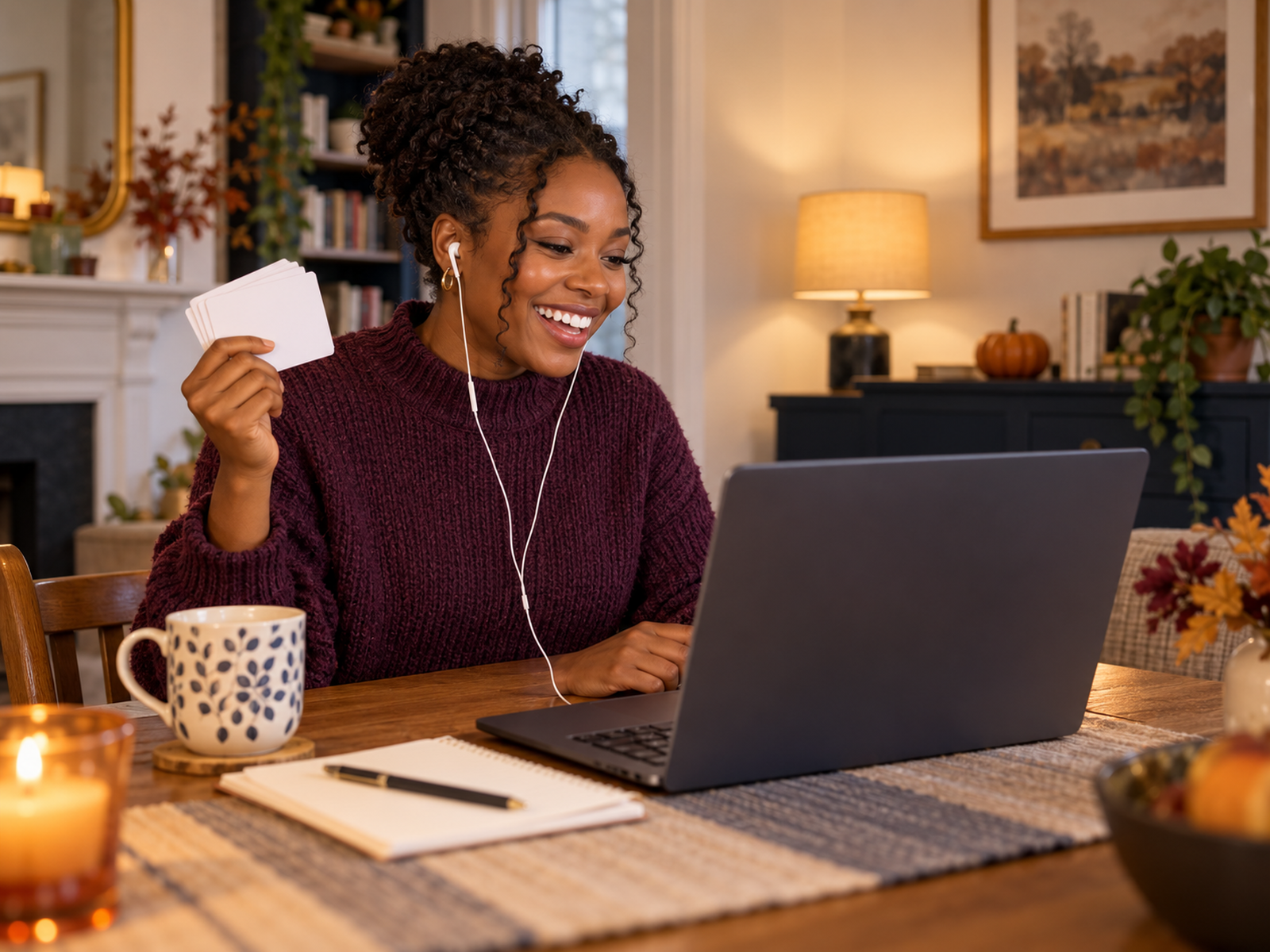 Smiling host in a plum jumper reading question cards during an autumn video call