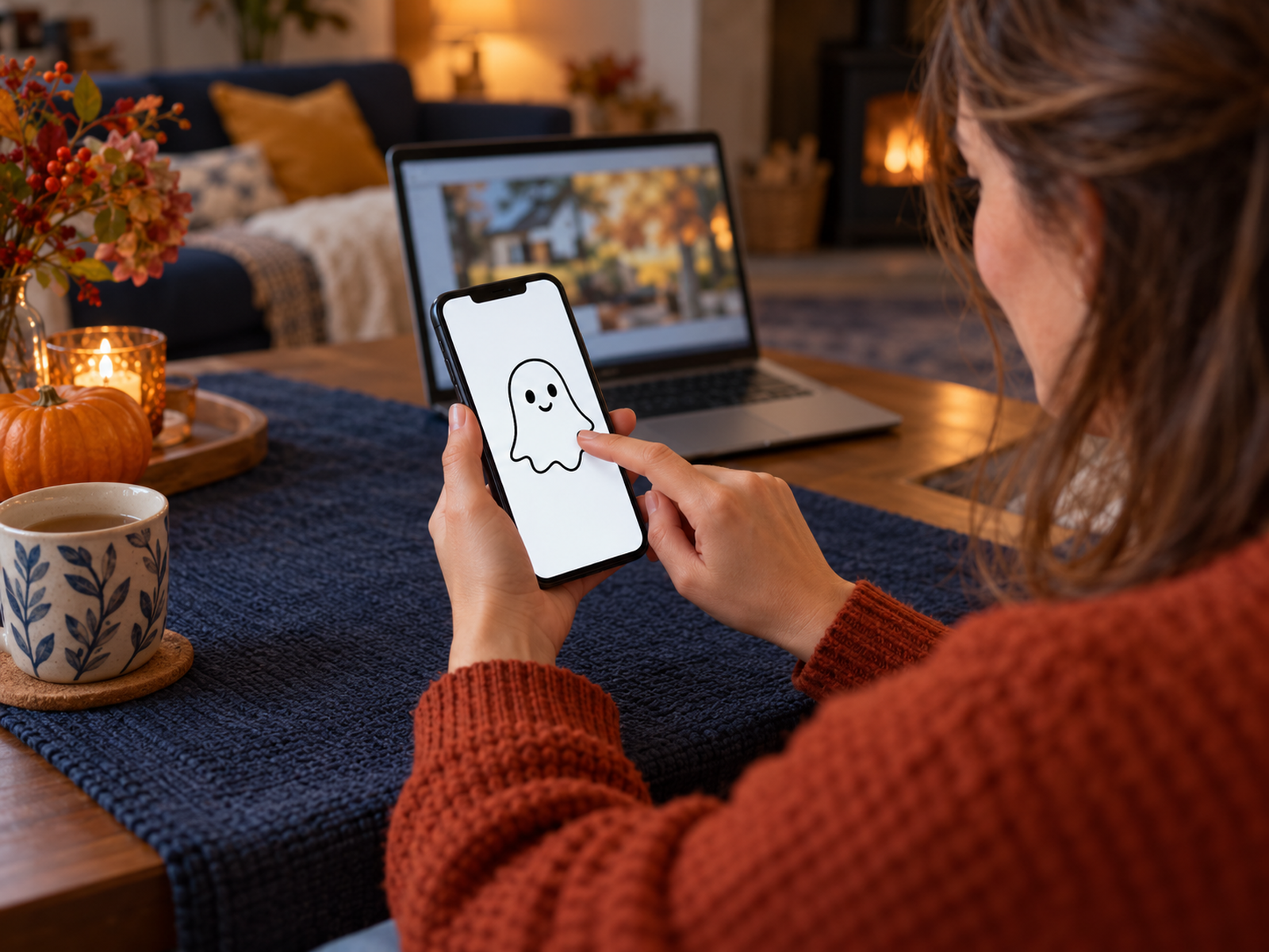 Guest sketching a friendly ghost on a phone beside an autumn-themed laptop setup