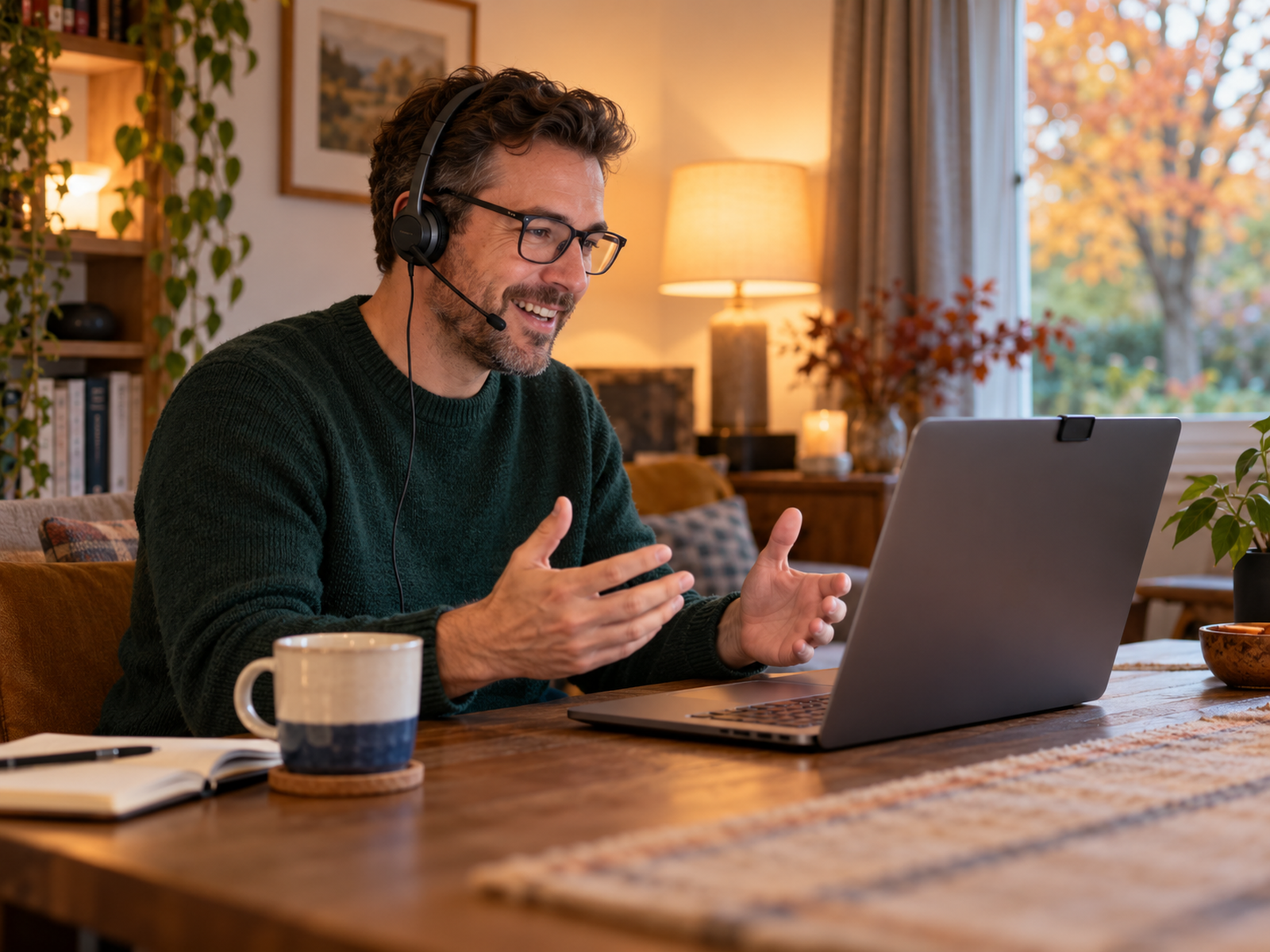 Guest using a headset with the laptop camera covered during a relaxed autumn call