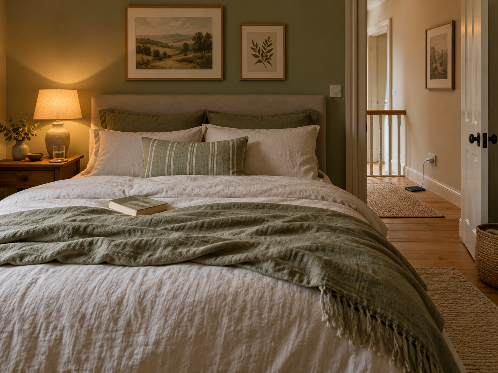 A simple bedroom with the phone charging outside