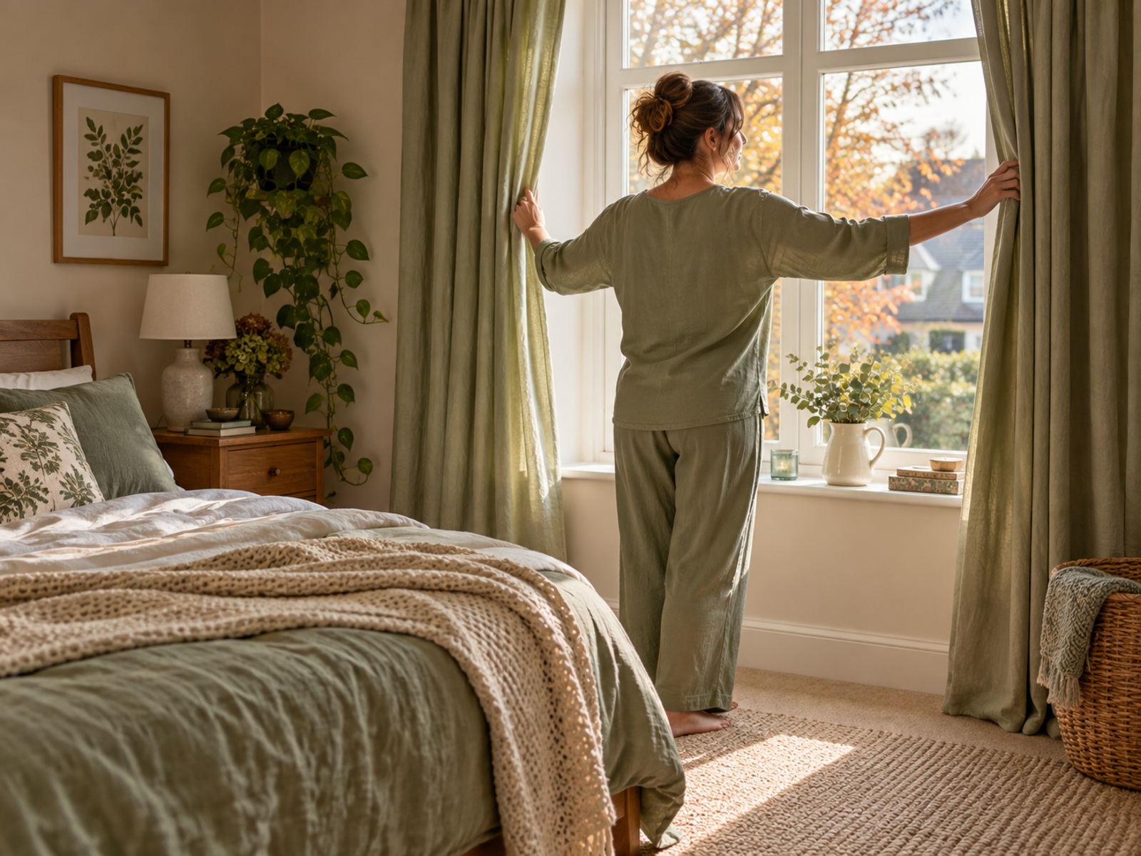 Opening curtains to autumn morning daylight