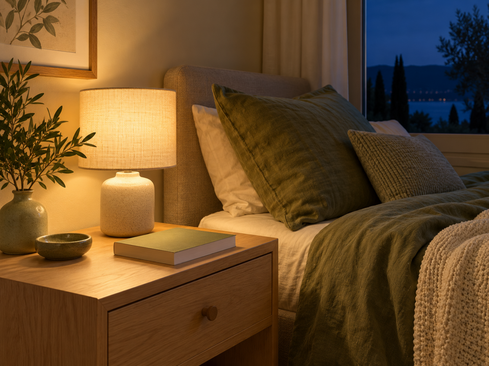 Warm bedside lighting and a paperback at dusk
