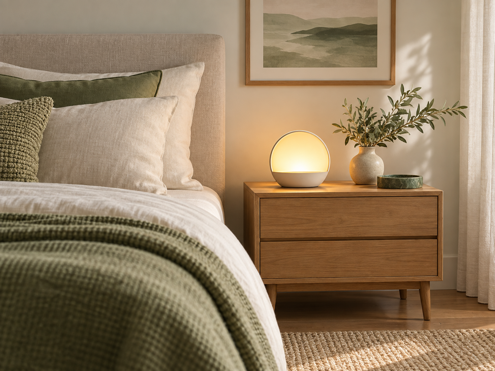 An uncluttered bedside surface with accessible lighting