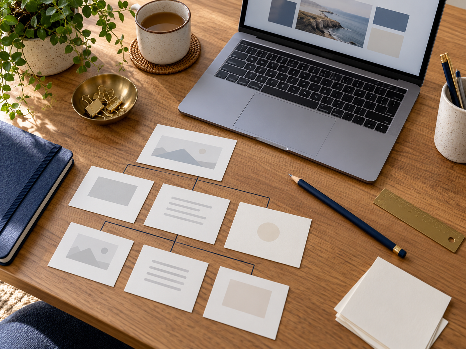A beginner planning a website with a laptop and simple notes