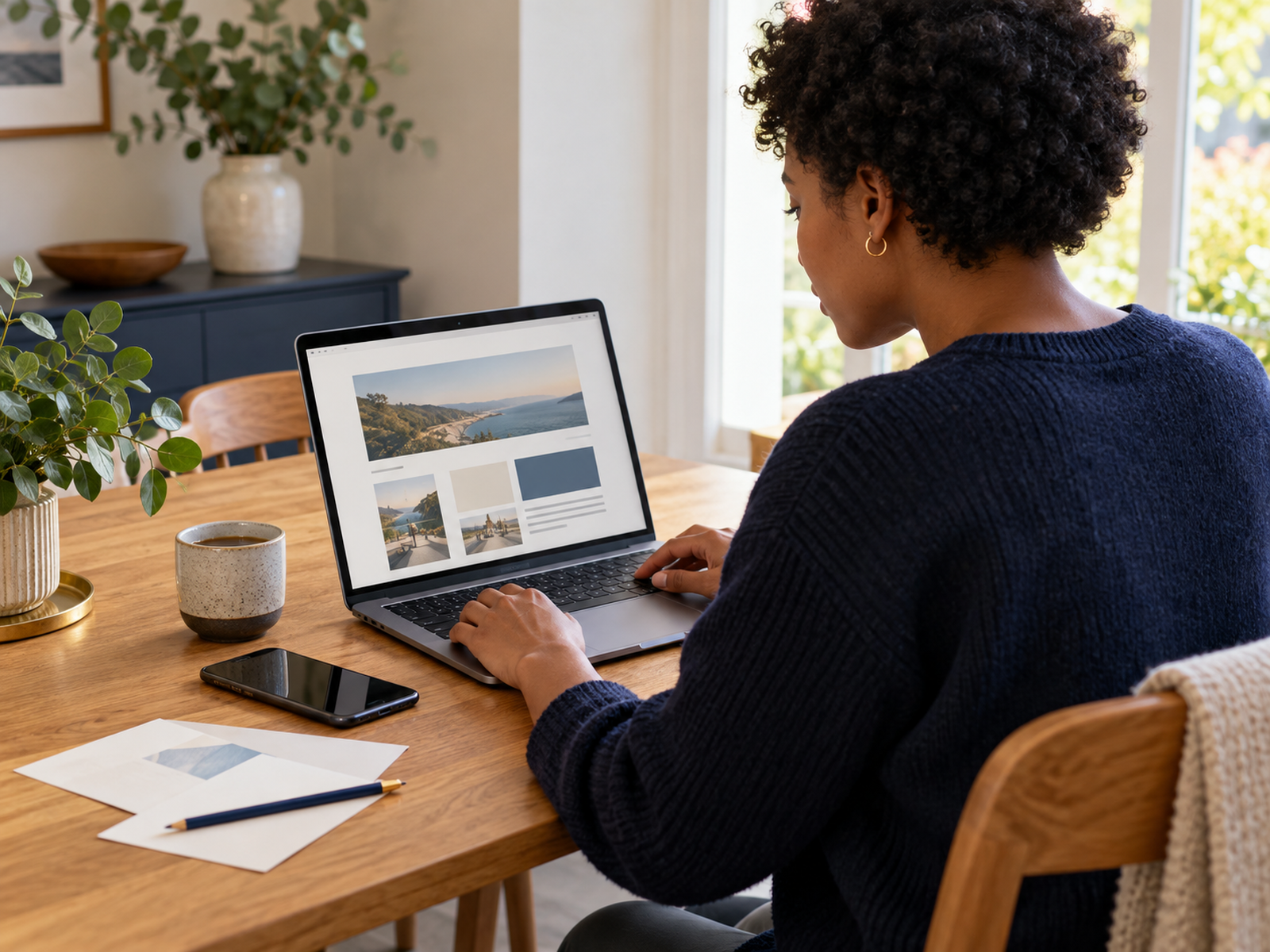 A small business owner editing a simple website at a bright desk