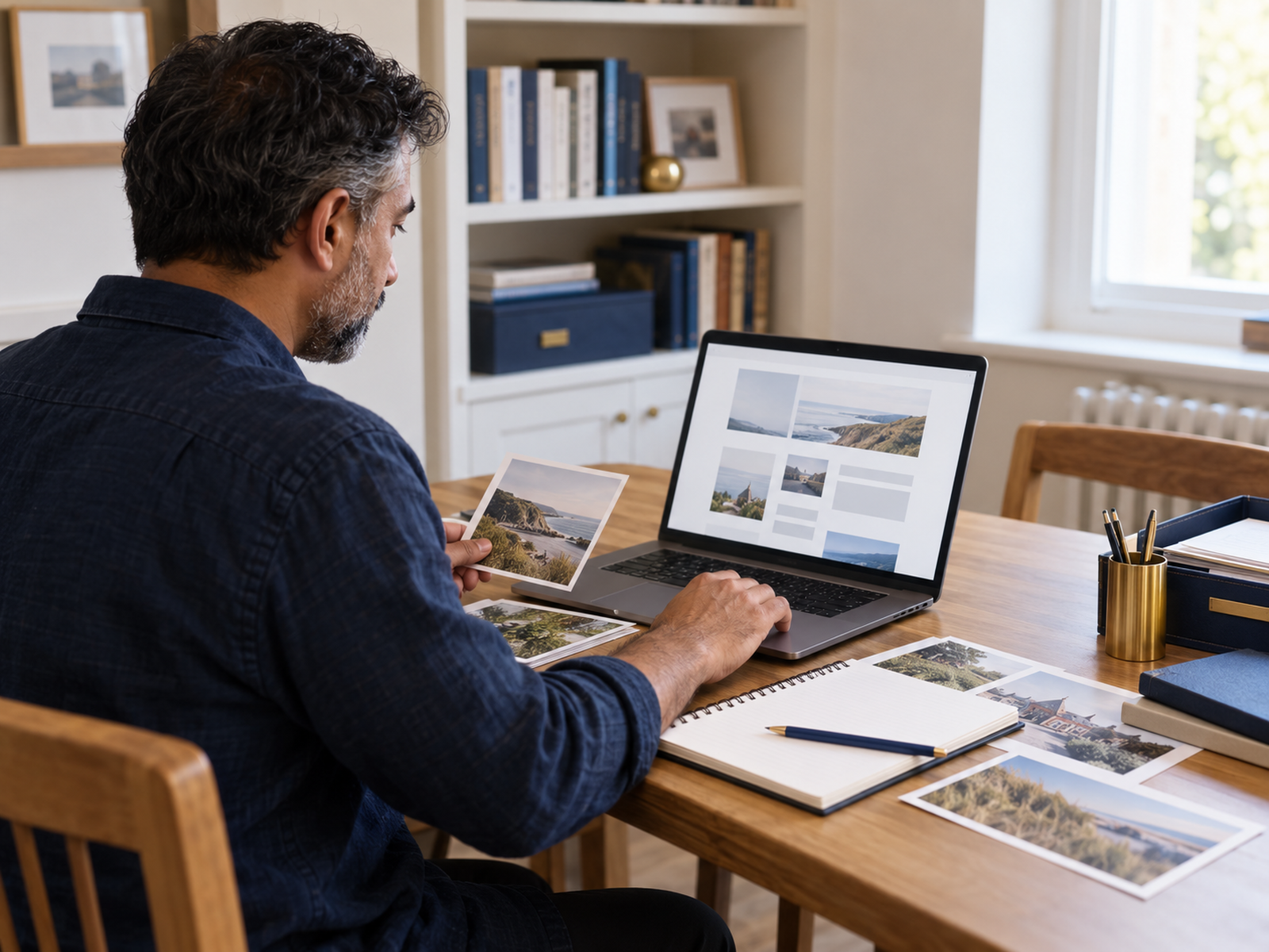 A publisher organising website content with a laptop and notebook
