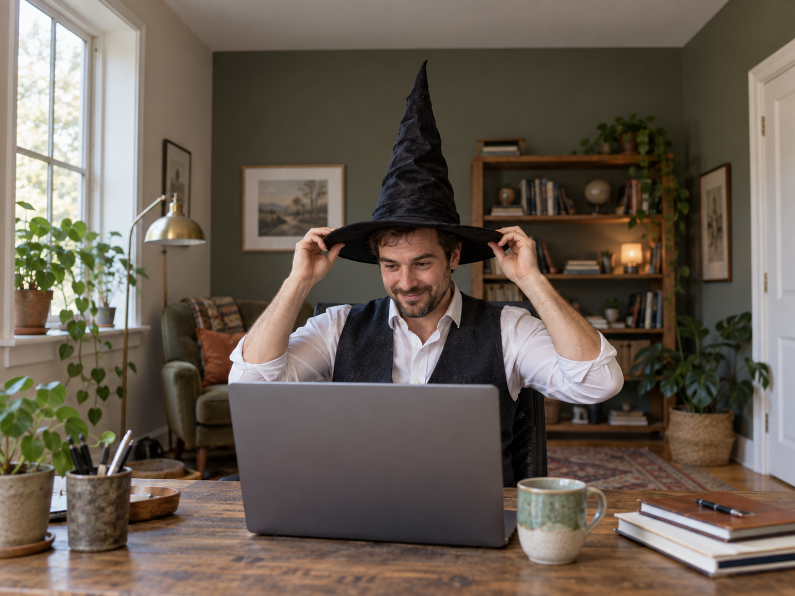 Home worker checking the height of a witch hat beside a laptop