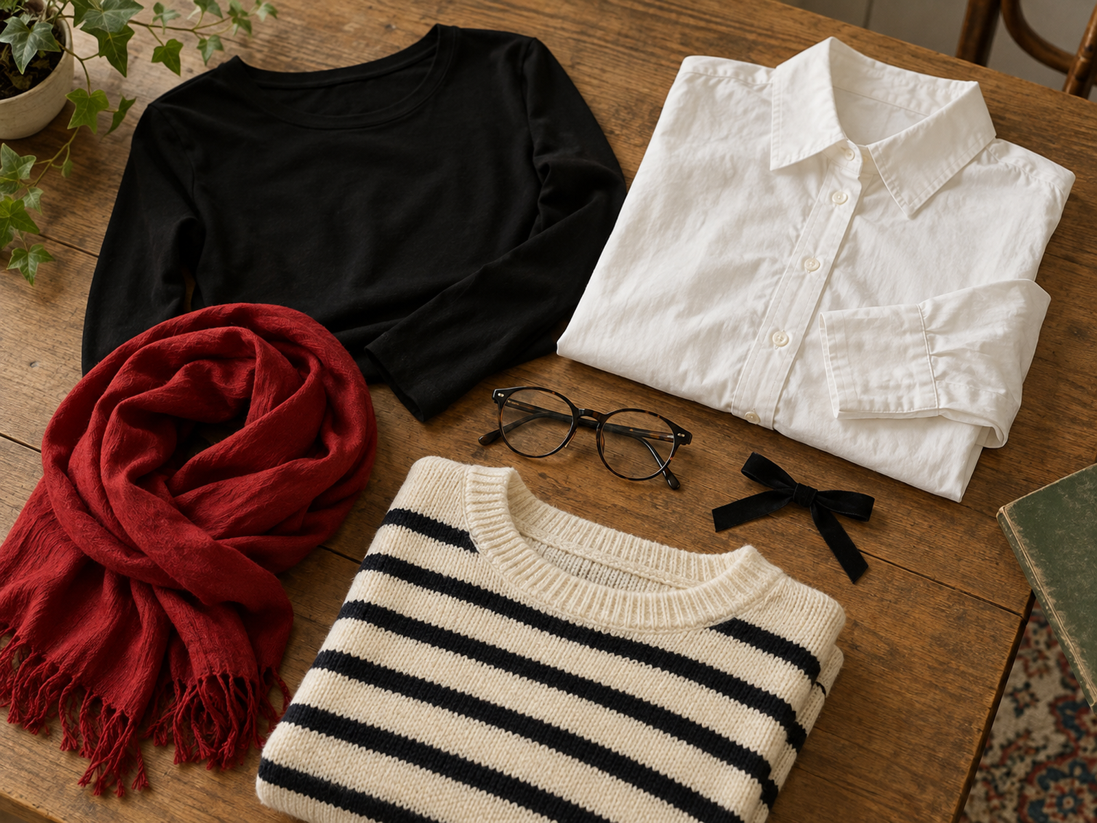 Ordinary shirts, striped knitwear, scarf and glasses arranged on a wooden surface
