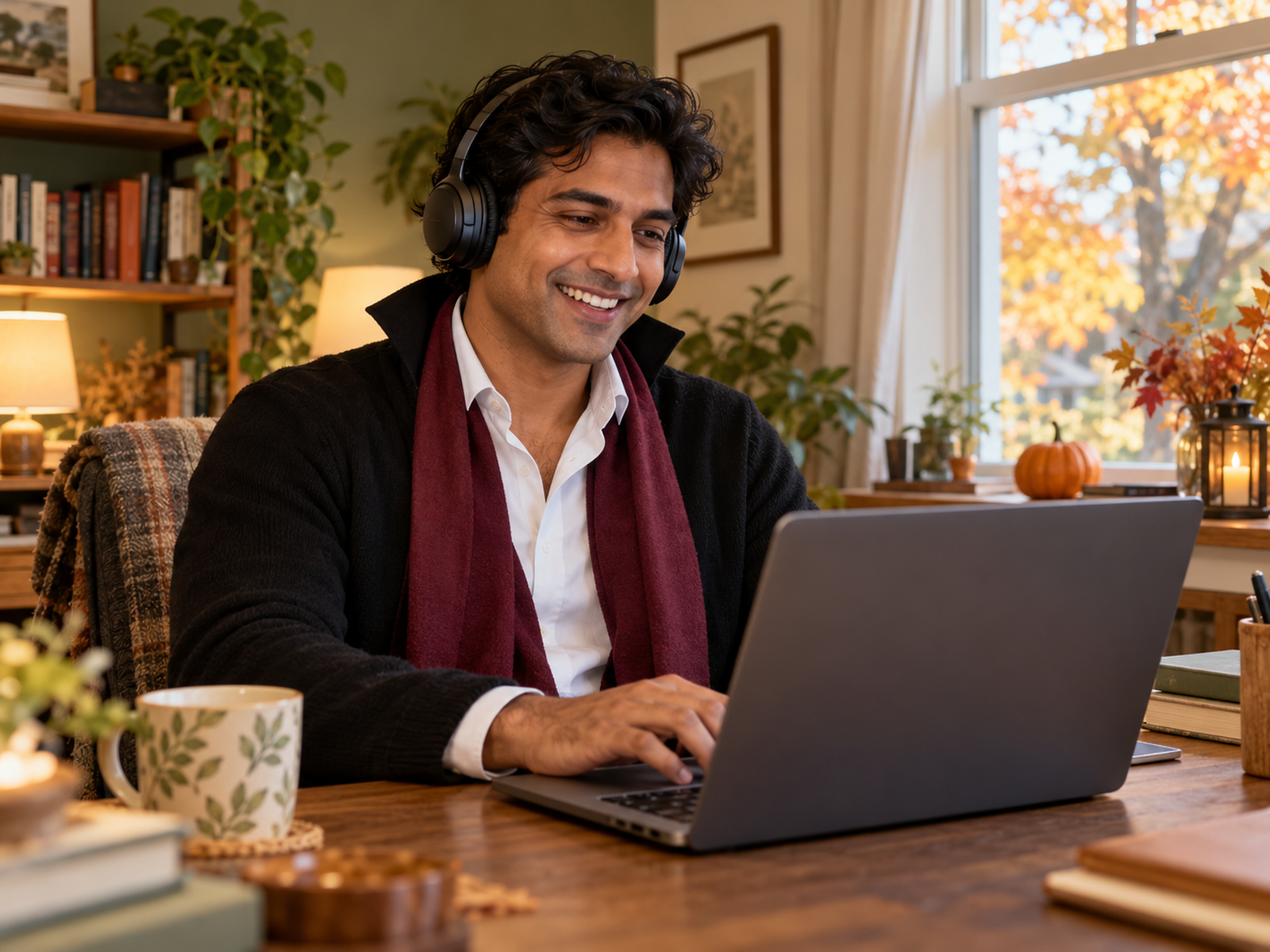 Home worker in a white shirt, black cardigan and burgundy scarf using a headset
