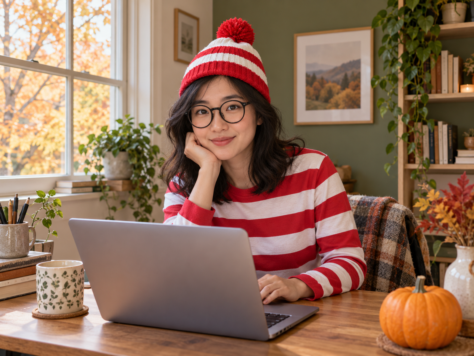 Home worker in a red-and-white striped top, bobble hat and round glasses