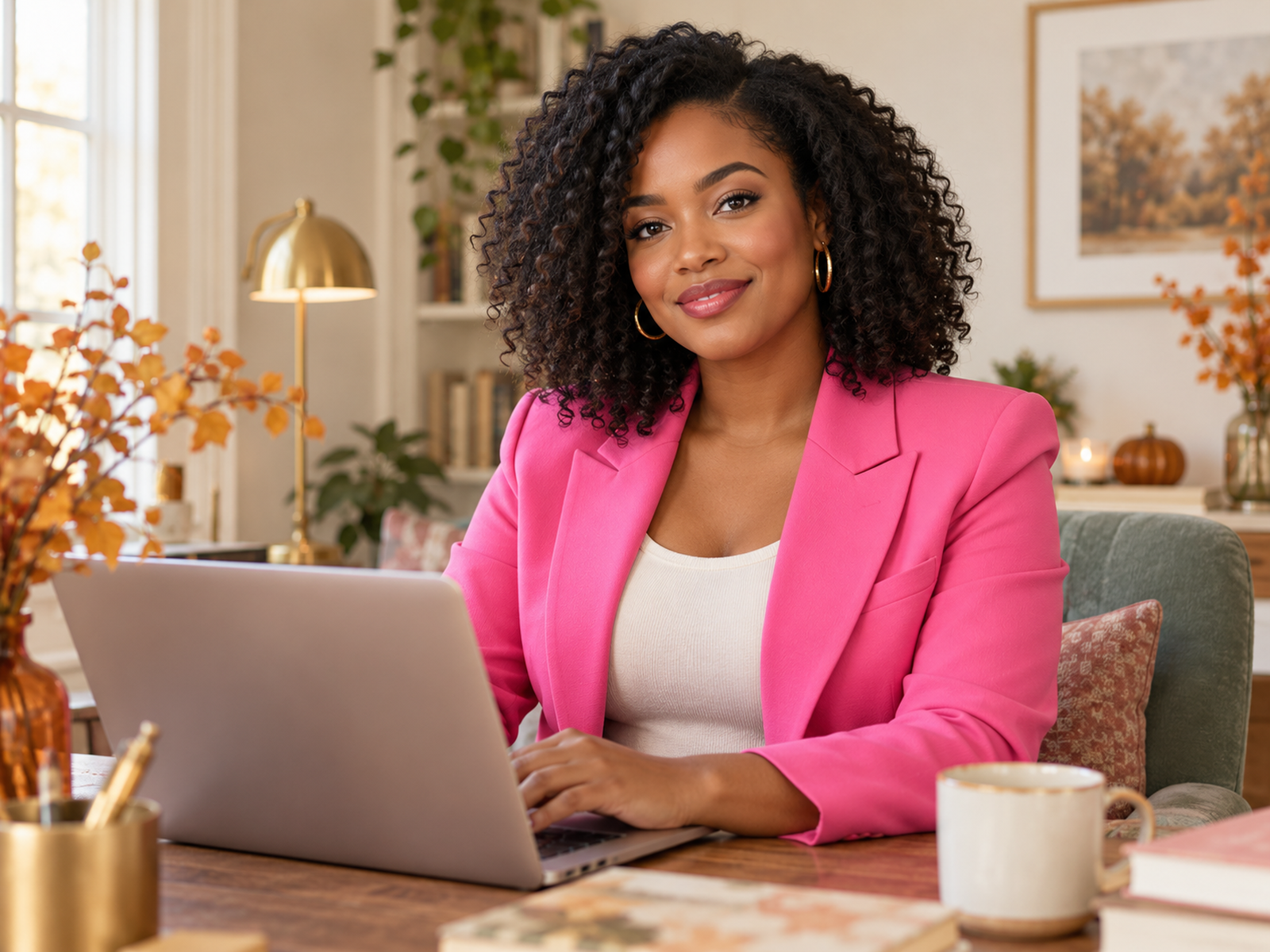 Home worker wearing a pink blazer over a cream top in an autumn office