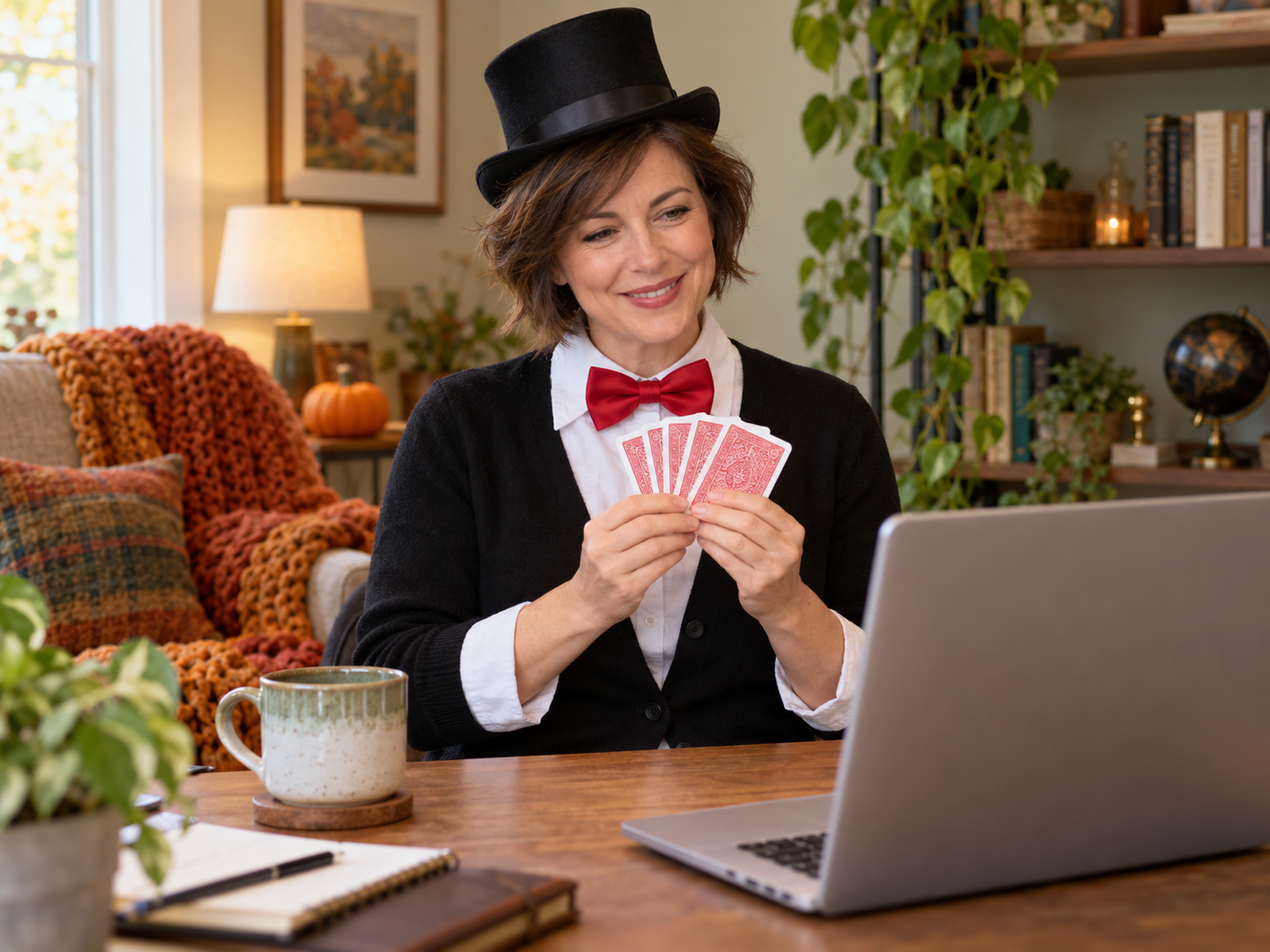 Home worker in a top hat and bow tie briefly showing a fan of playing cards